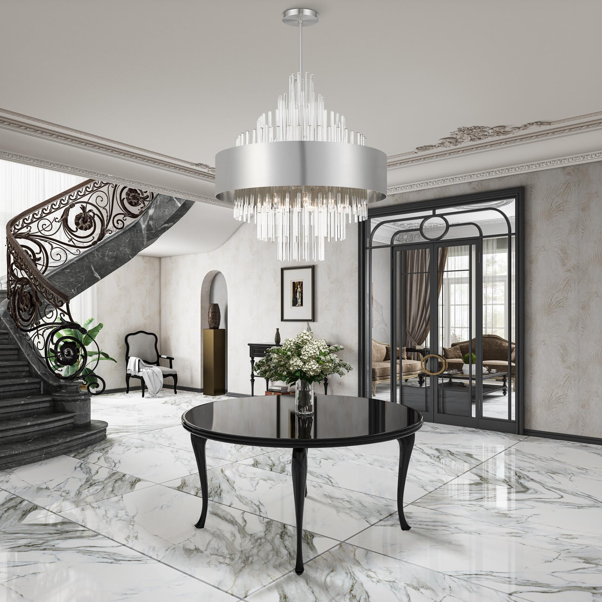 Shown in Brushed Nickel finish and Clear Crystal Rods glass