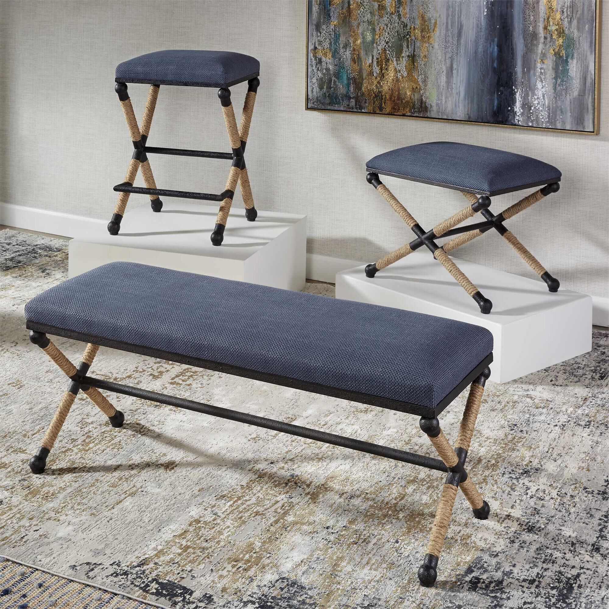 Shown in Rustic Iron Frame With A Nautical Touch, Wrapped In Natural Fiber Rope Accents. Cushioned Top Is A C finish