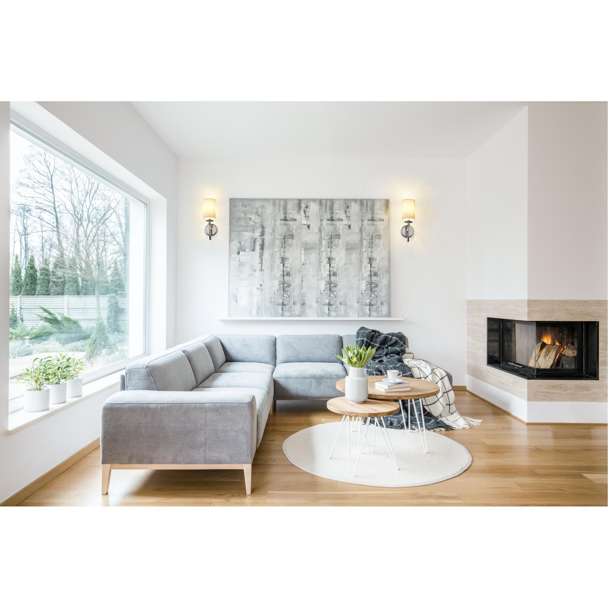 Shown in Polished Nickel finish and Fabric glass and Fabric shade