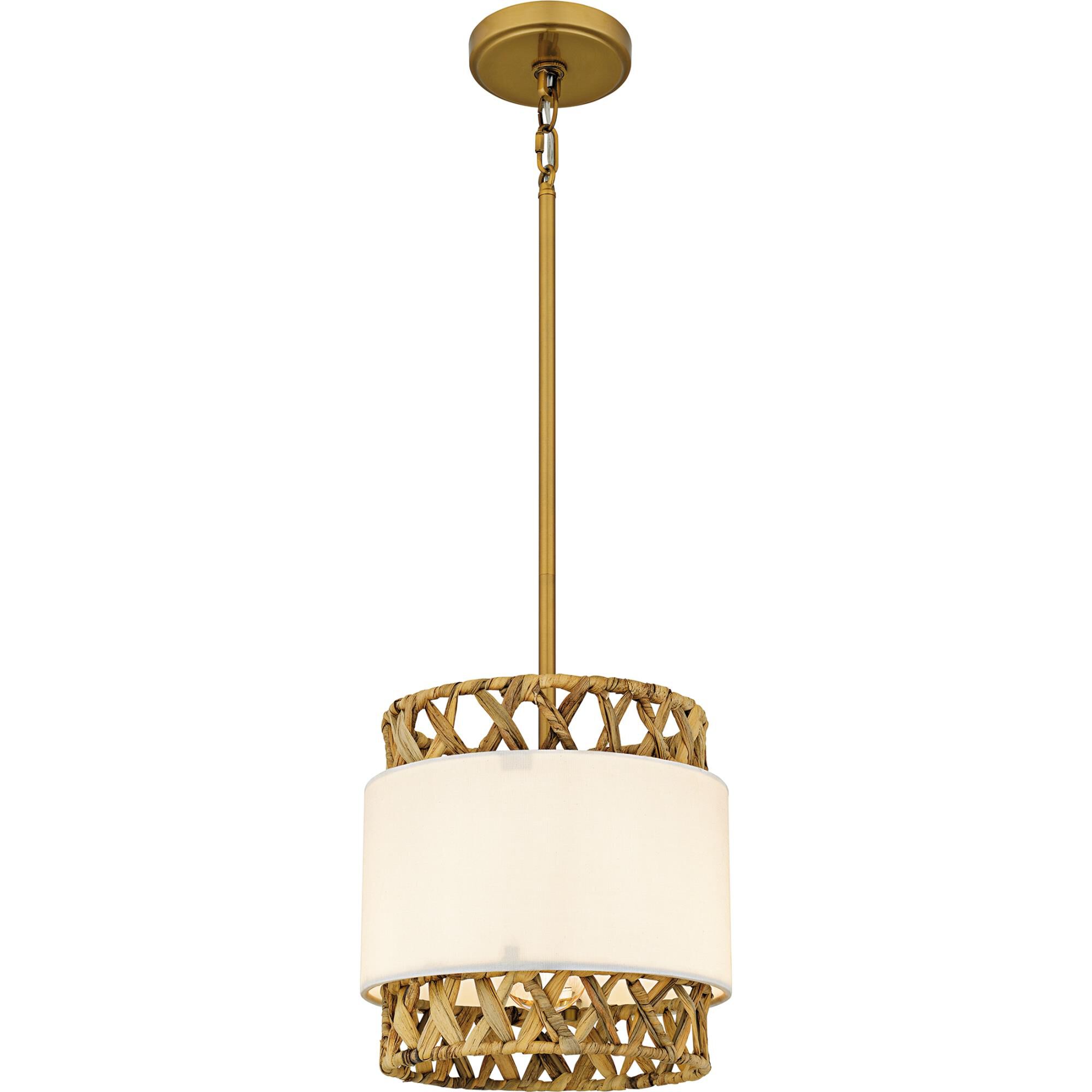 Shown in Brushed Gold finish and White Linen And Rattan shade