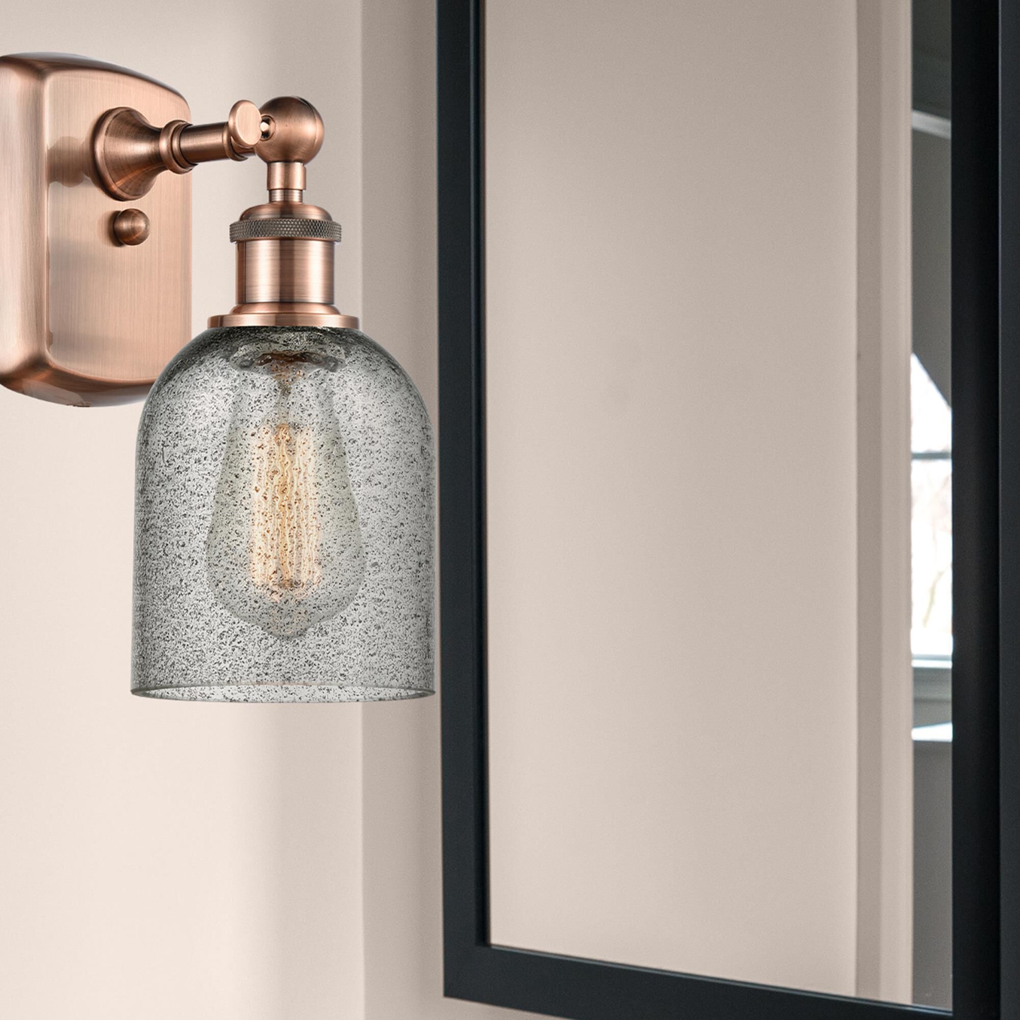 Shown in Antique Copper finish and Bell glass and Glass shade