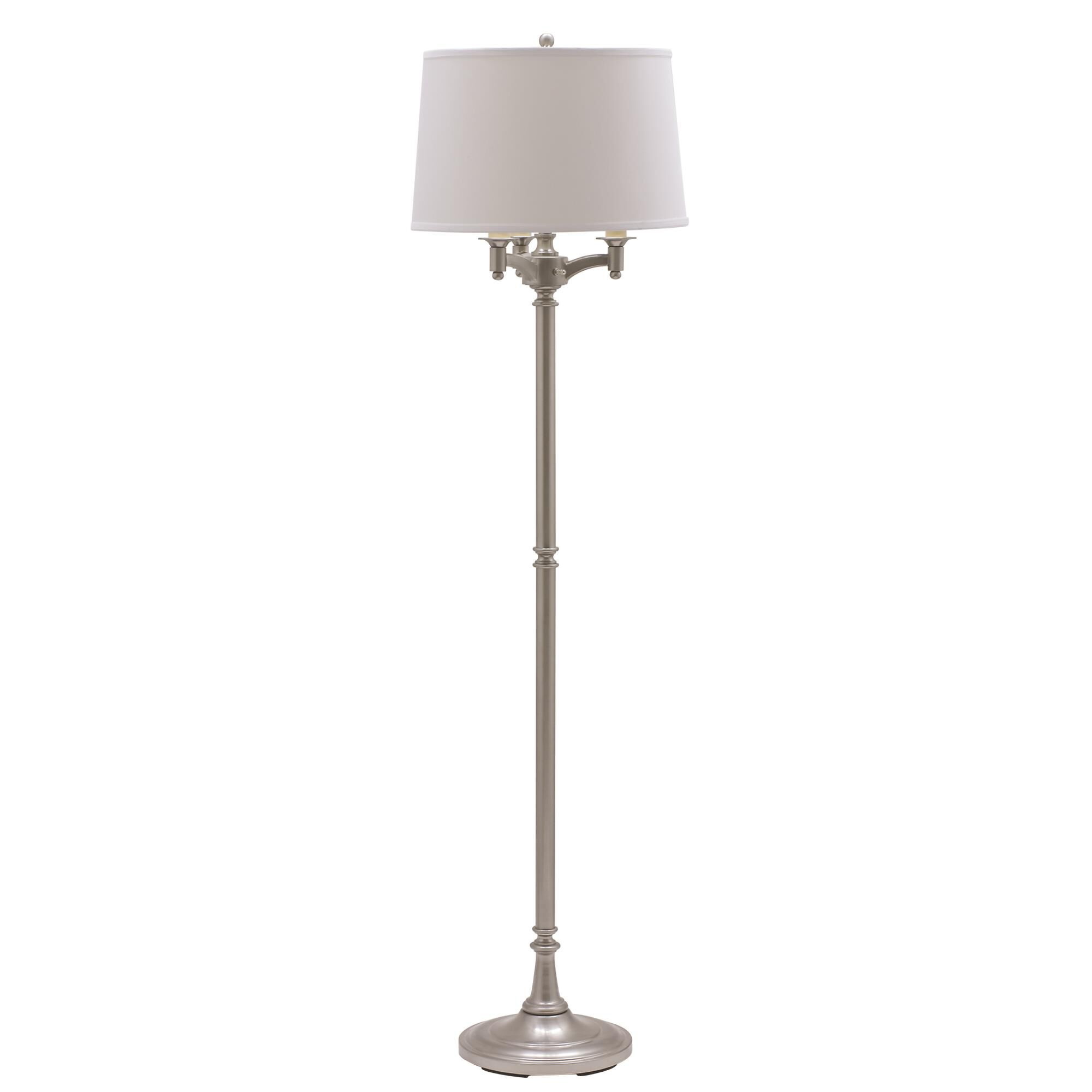Shown in Satin Nickel finish and White Linen Hardback shade
