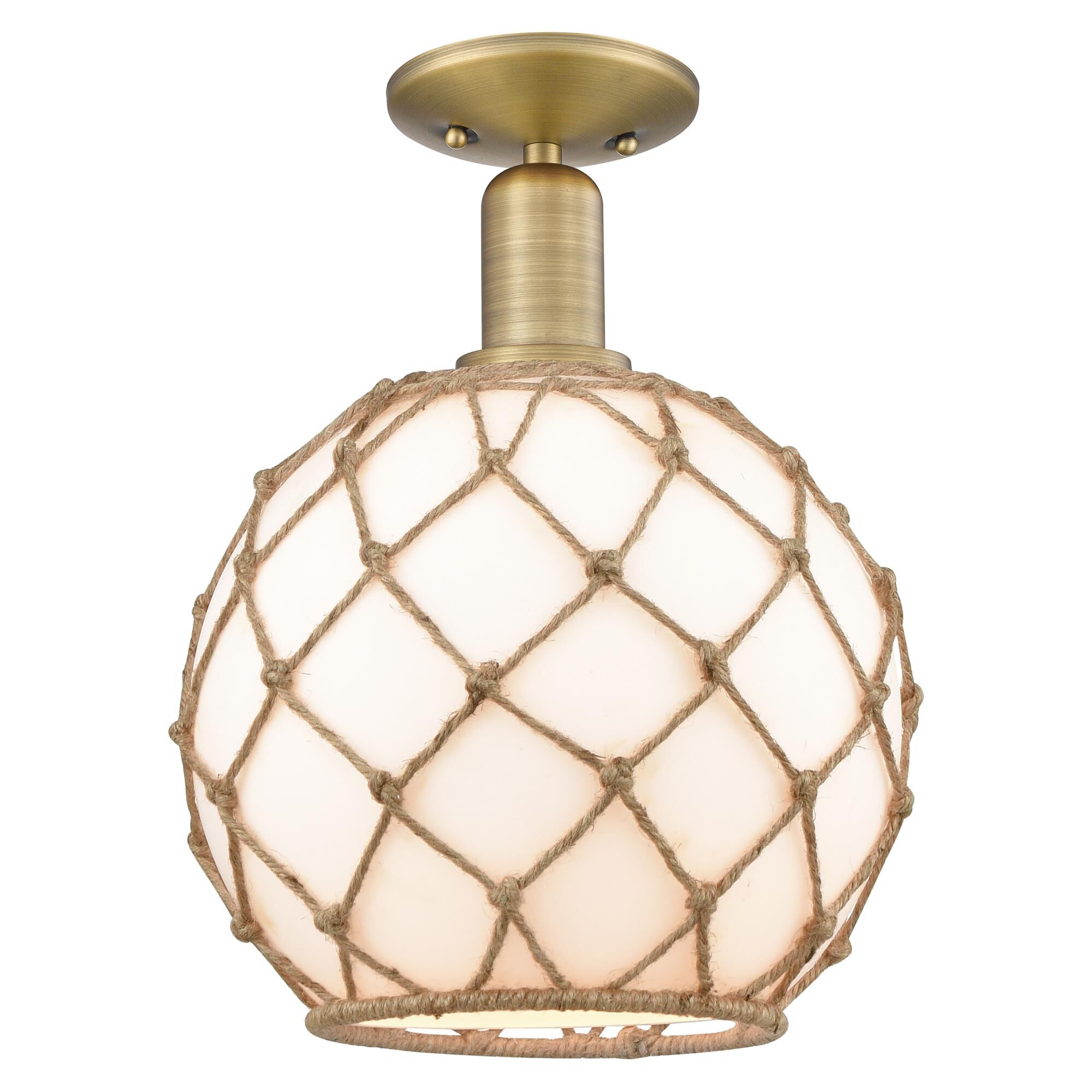 Shown in Brushed Brass finish and White with Brown Rope glass