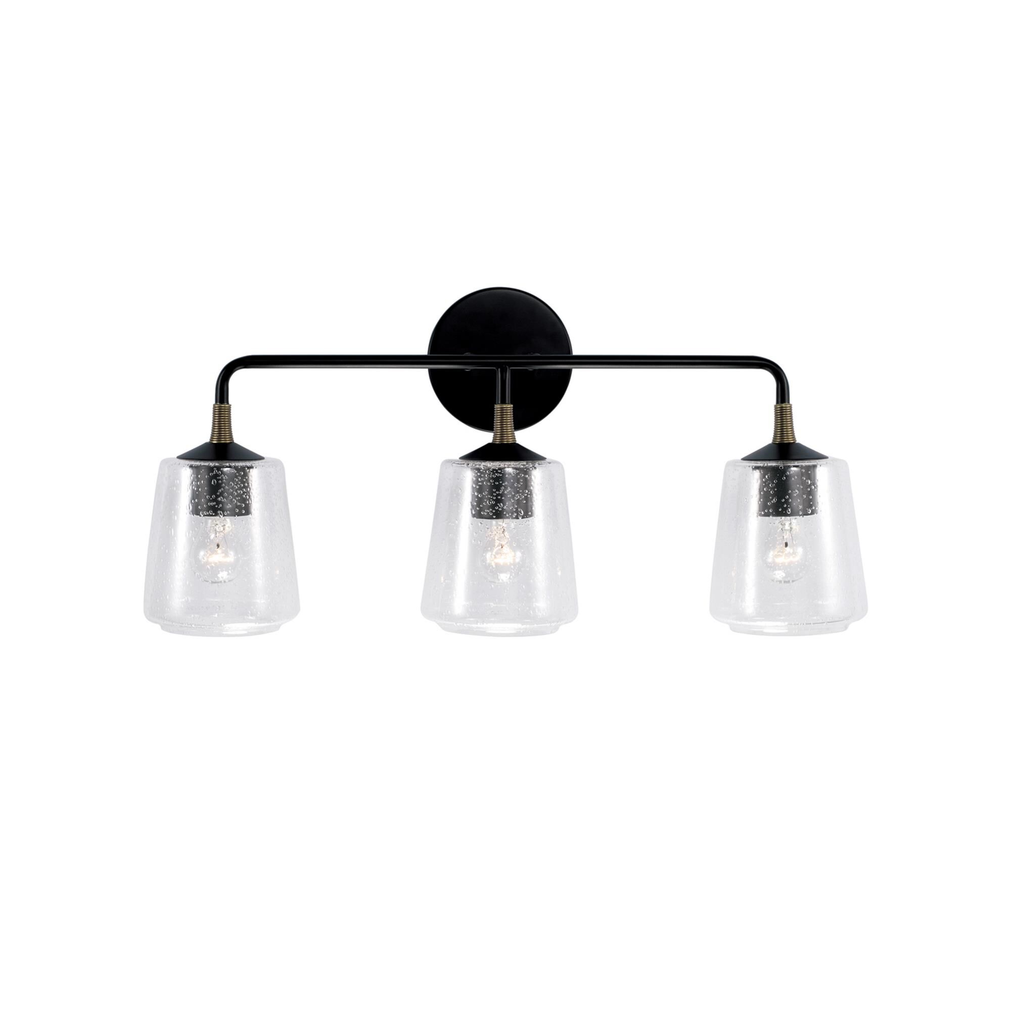 Shown in Matte Black With Brass finish and Clear Seeded glass