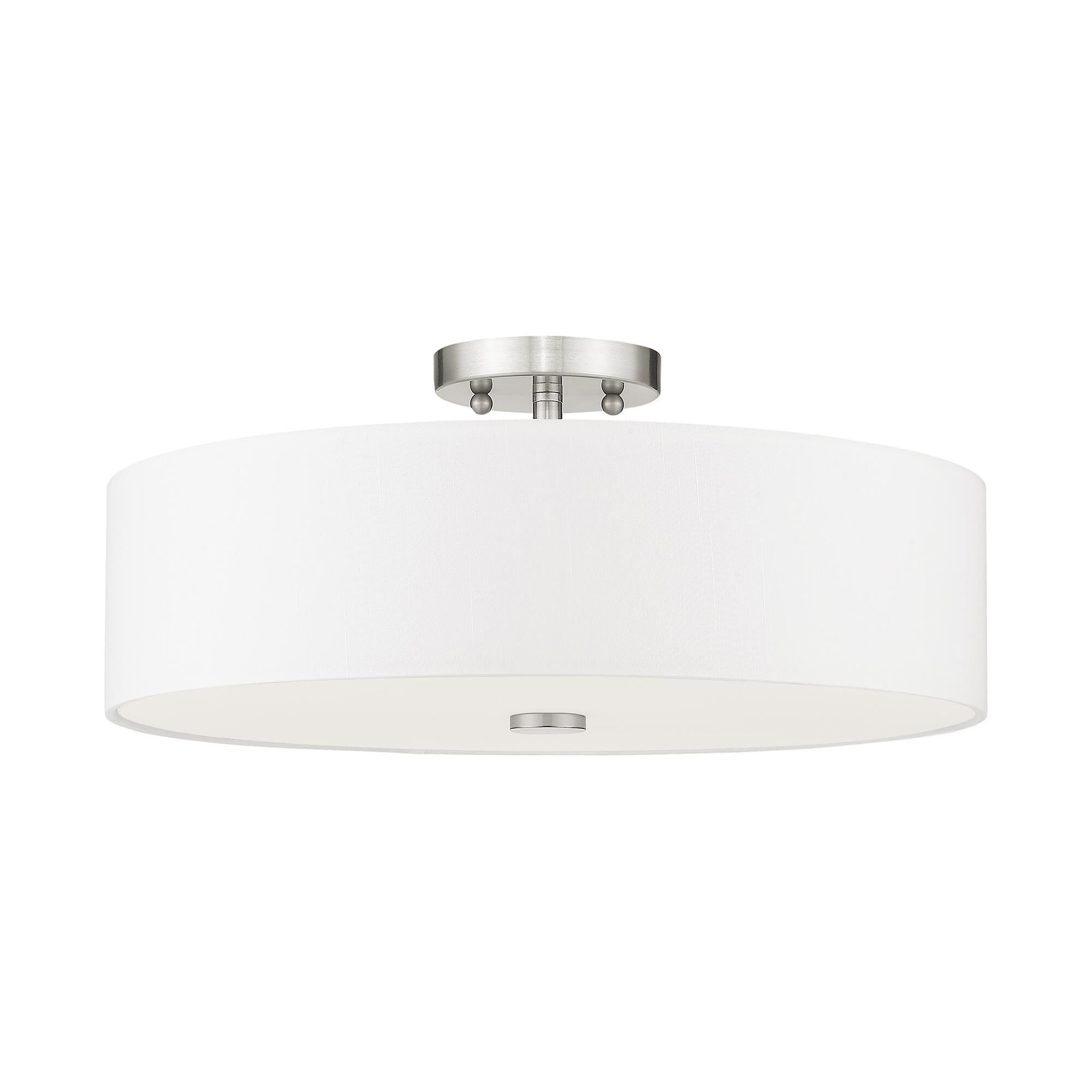 Shown in Brushed Nickel finish and Hand Crafted Off-White Fabric Hardback shade