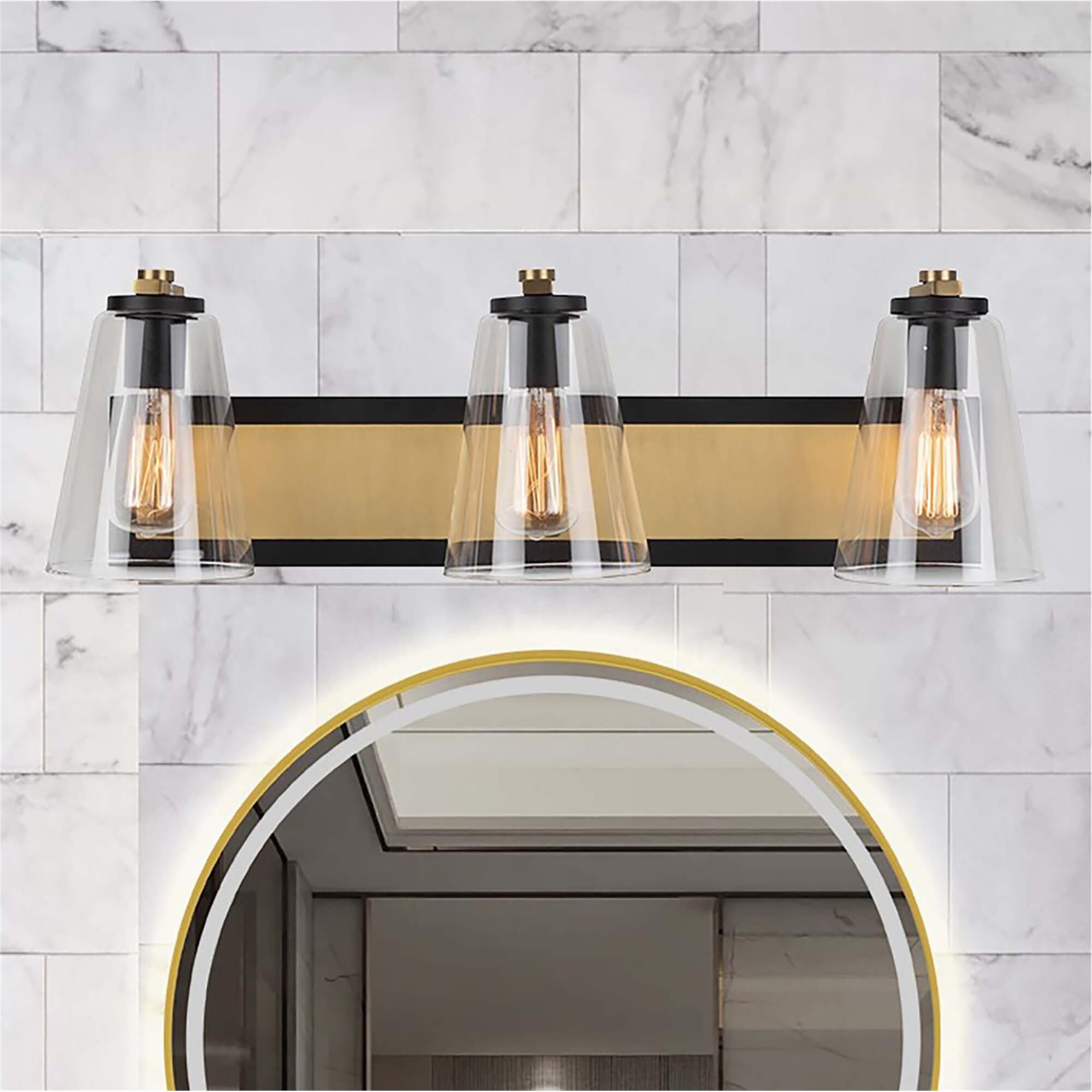 Shown in Black and Brass finish and Clear glass
