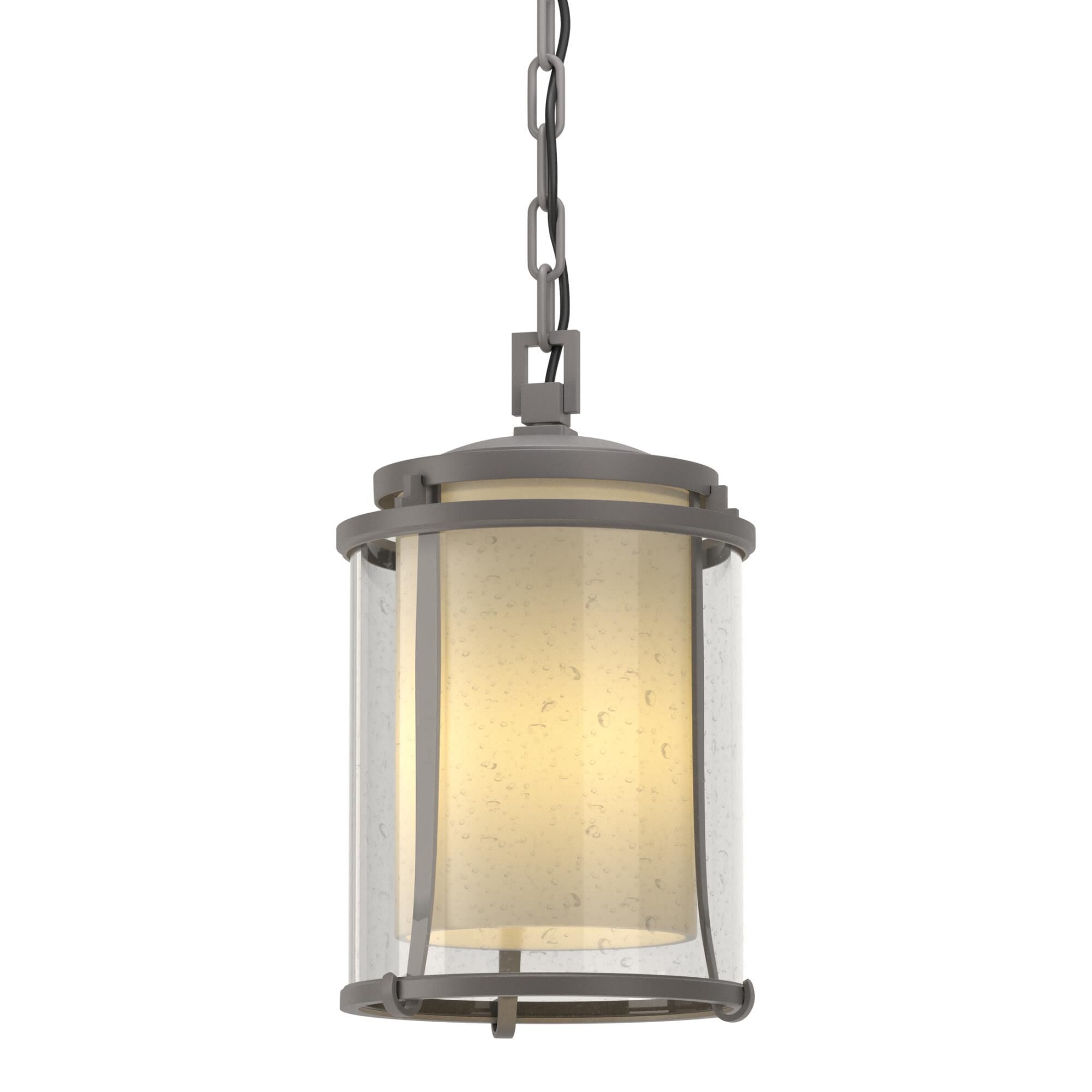 Shown in Coastal Burnished Steel finish and Opal and Seeded glass