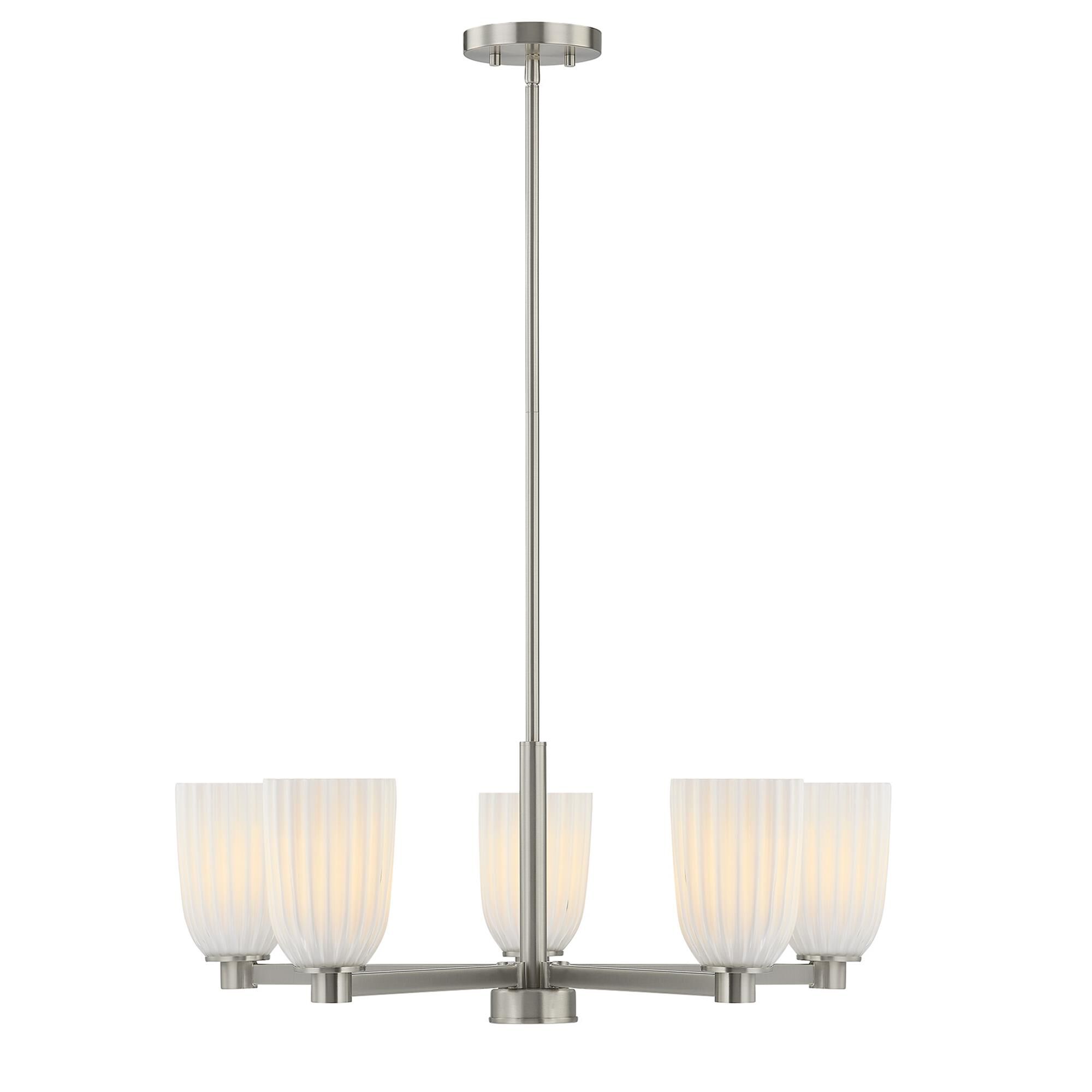 Shown in Satin Nickel finish and White Opal Ribbed glass