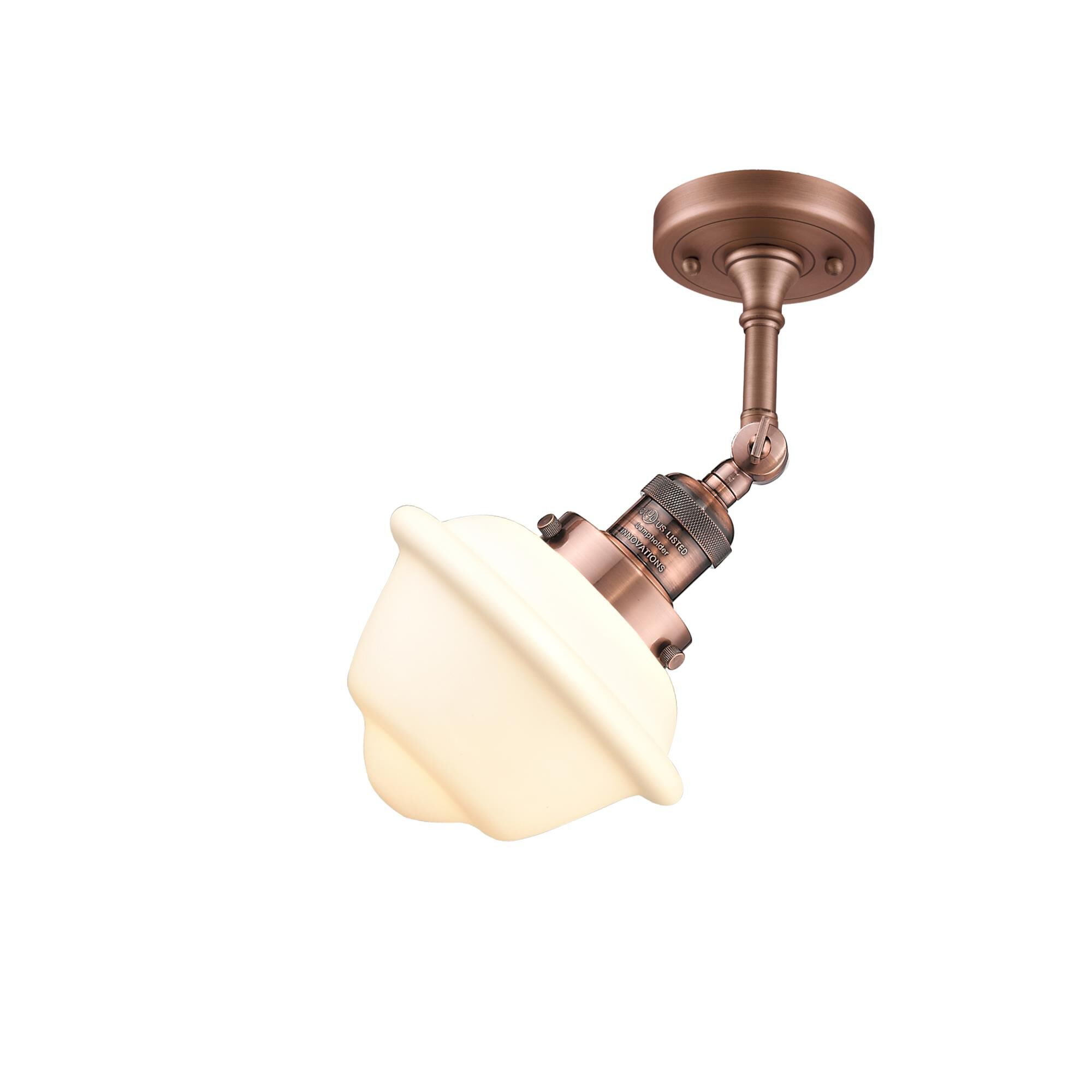 Shown in Antique Copper finish and Matte White glass