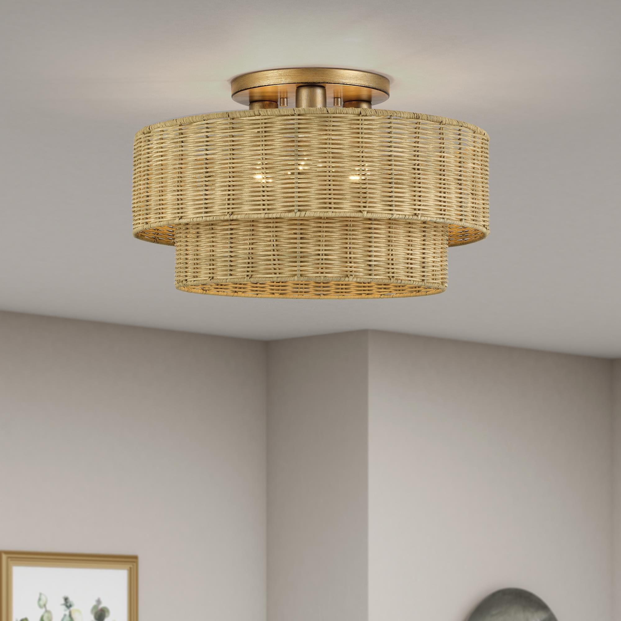 Shown in Antique Gold Leaf finish and Hand-Woven Rustic Walnut Color Rattan shade