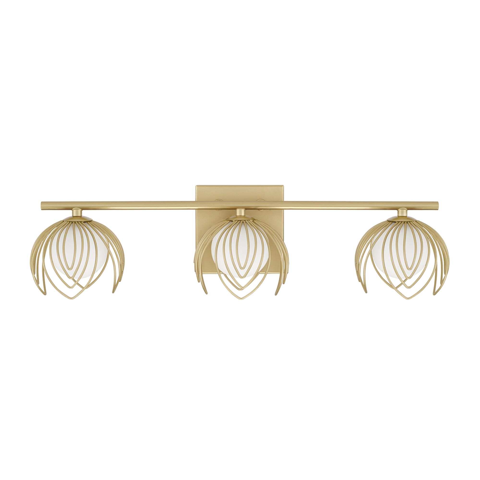 Shown in Buffed Gold finish and Soft White Globes glass