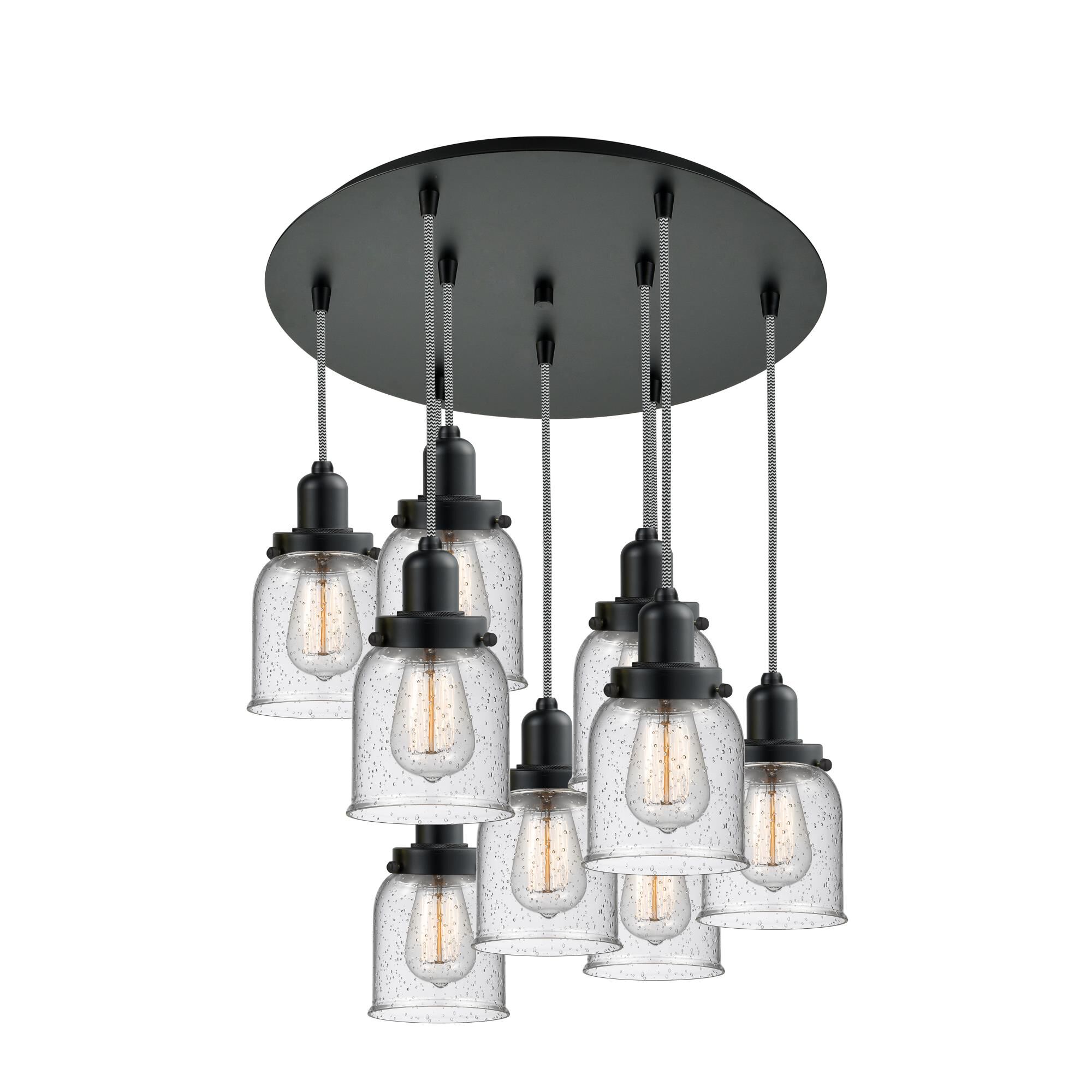 Shown in Matte Black finish and Bell glass and Glass shade and Matte Black Whitney Socket Cover accent