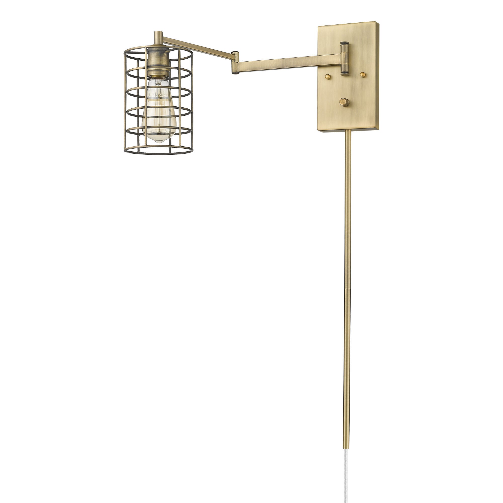 Shown in Aged Brass finish and Aged Brass glass and Aged Brass, Cylindrical Metal Cage shade