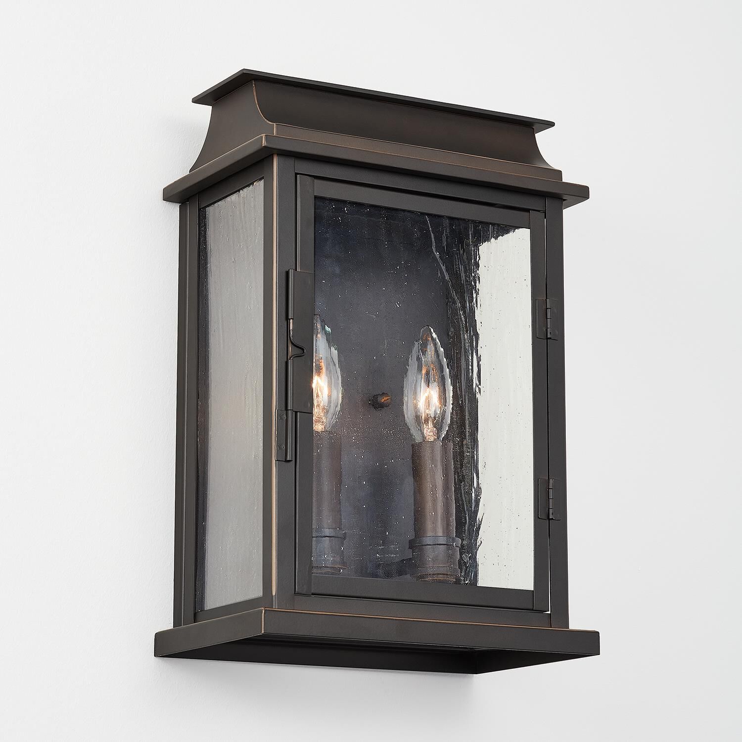 Shown in Oiled Bronze finish and Antiqued glass