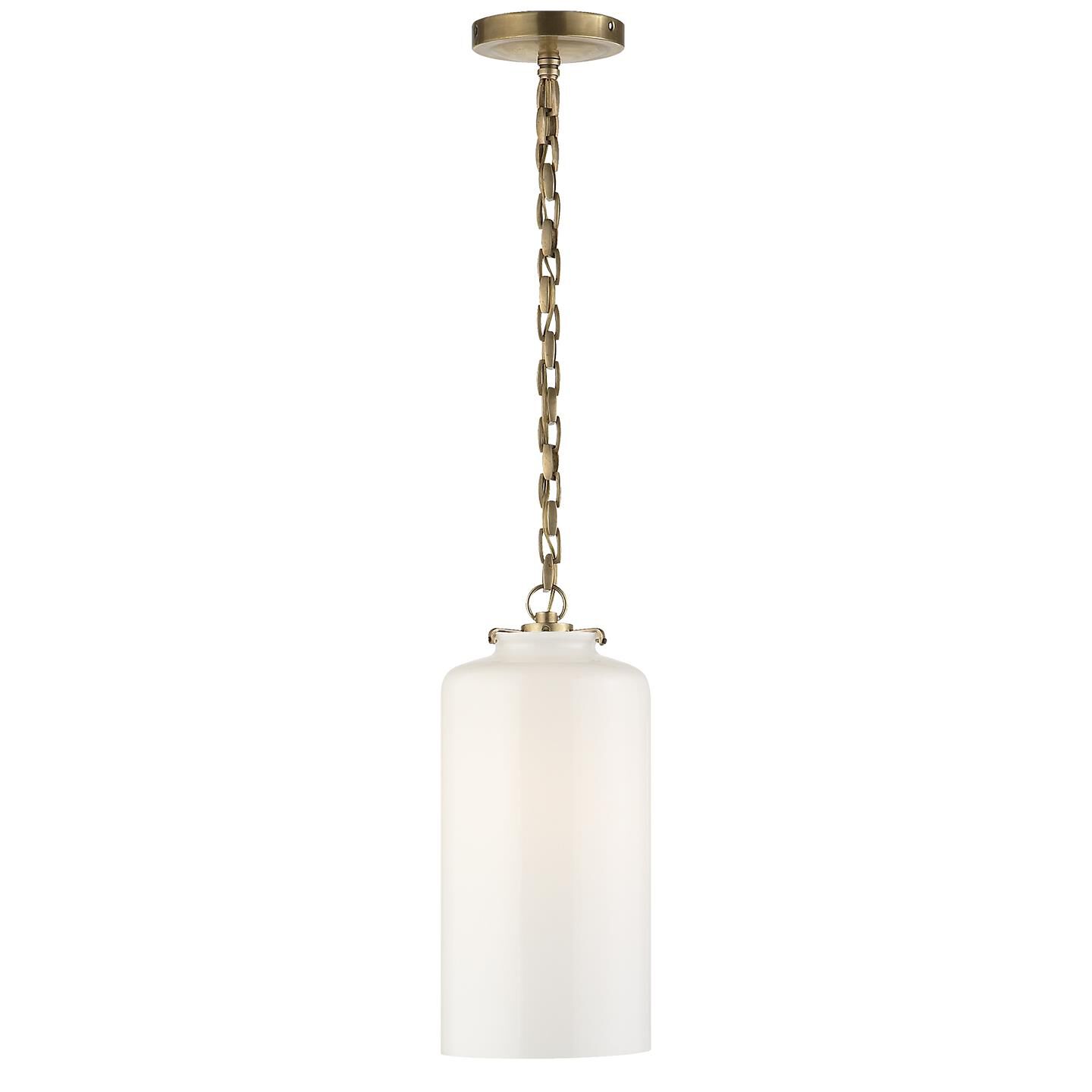 Shown in Hand-Rubbed Antique Brass finish and White glass