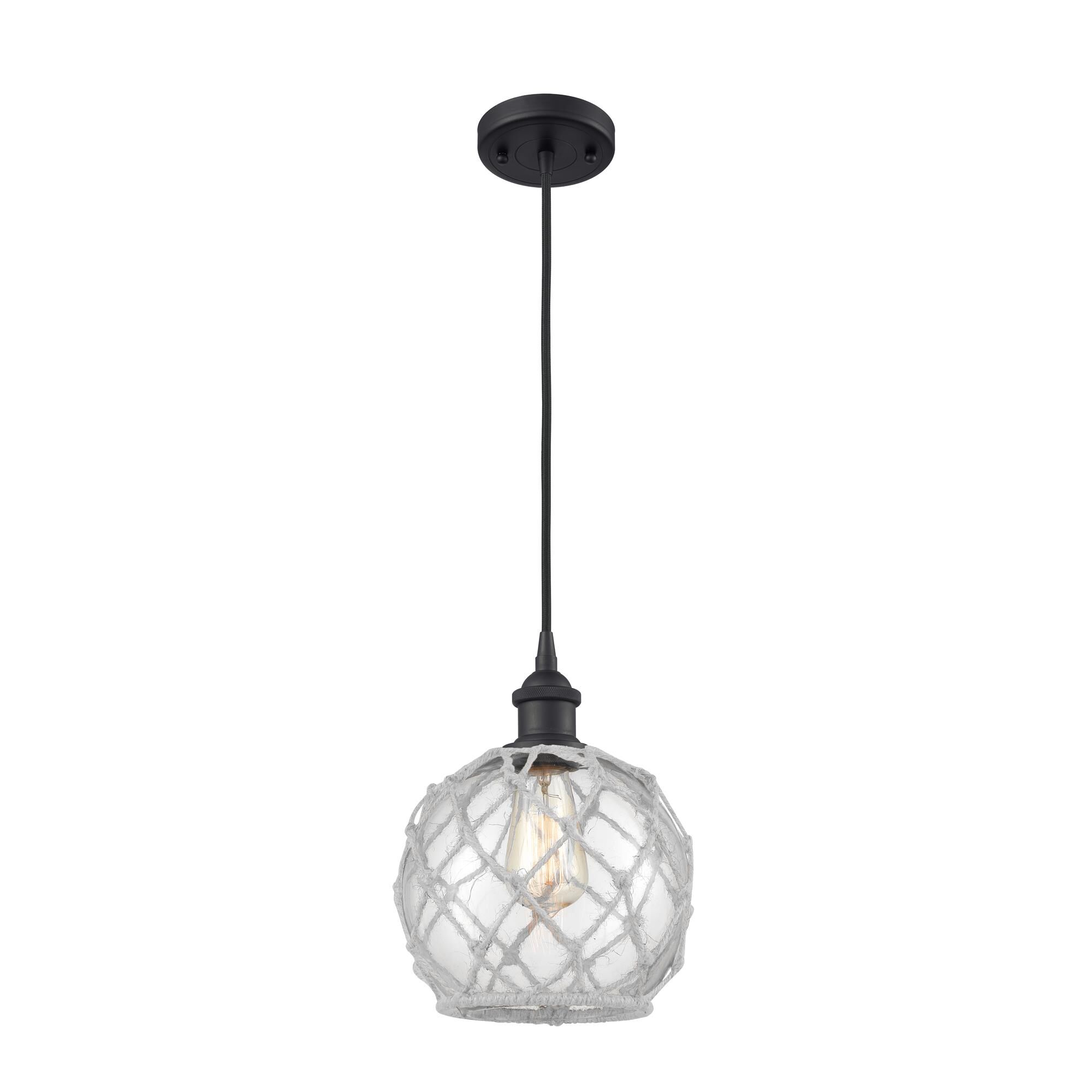 Shown in Matte Nickel finish and Clear With White Rope glass