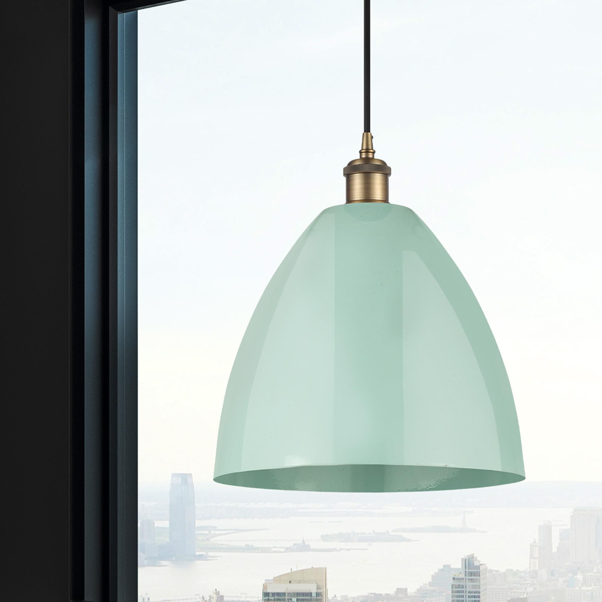 Shown in Brushed Brass finish and Seafoam Plymouth Dome shade