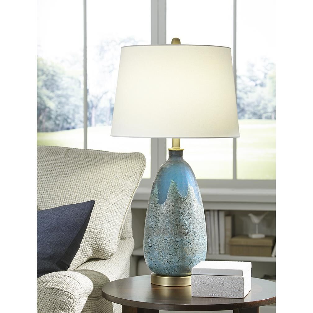 Shown in Brass finish and Cream glass and Cream Linen Tapered Drum shade