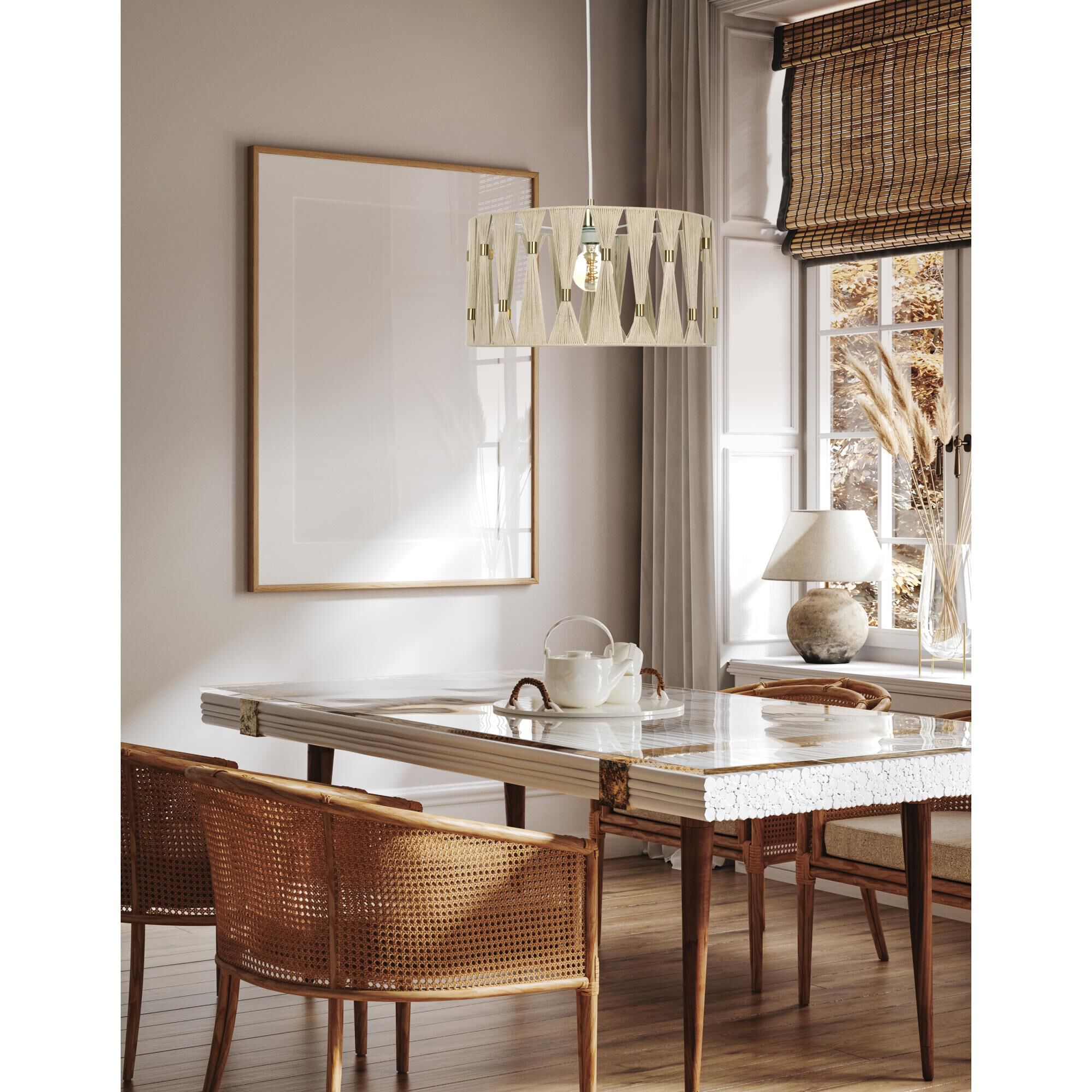 Shown in Brushed Brass and Beige finish and Beige and Brushed Brass Accents Textile Thread shade