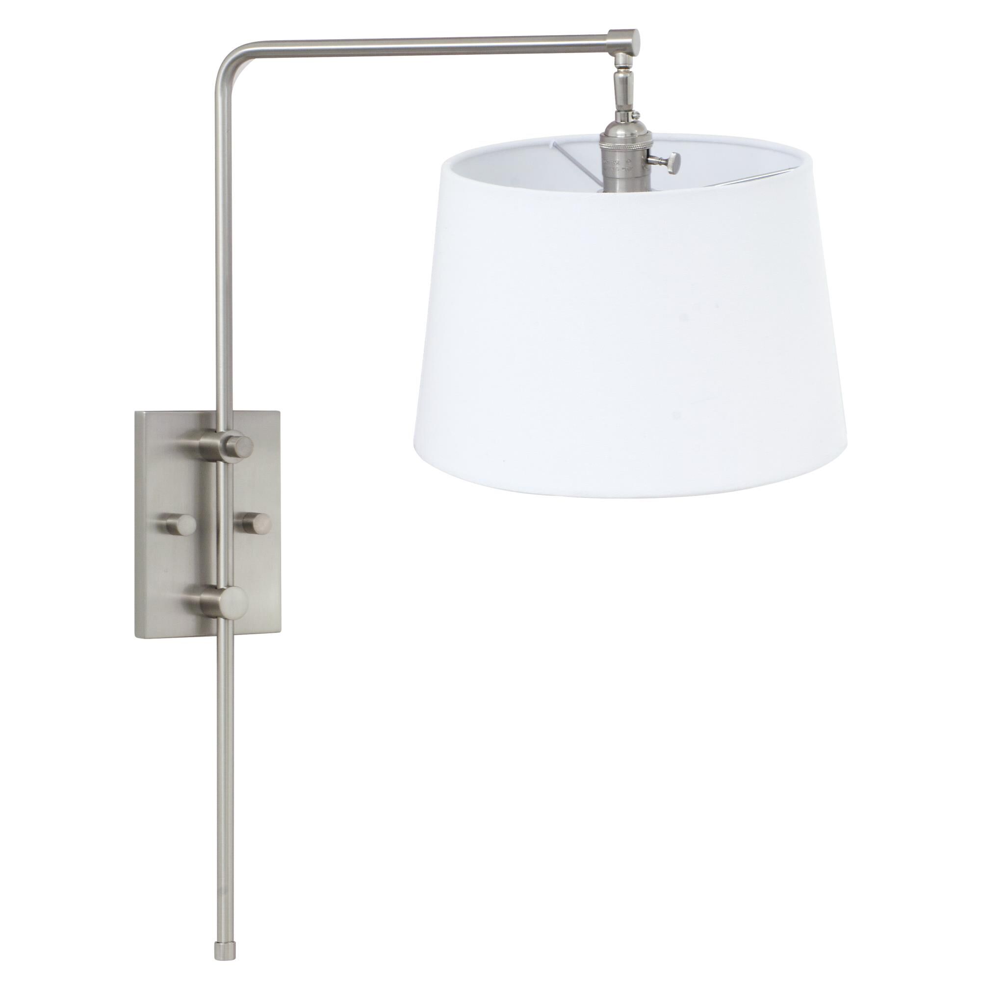 Shown in Satin Nickel finish and White Linen Hardback shade