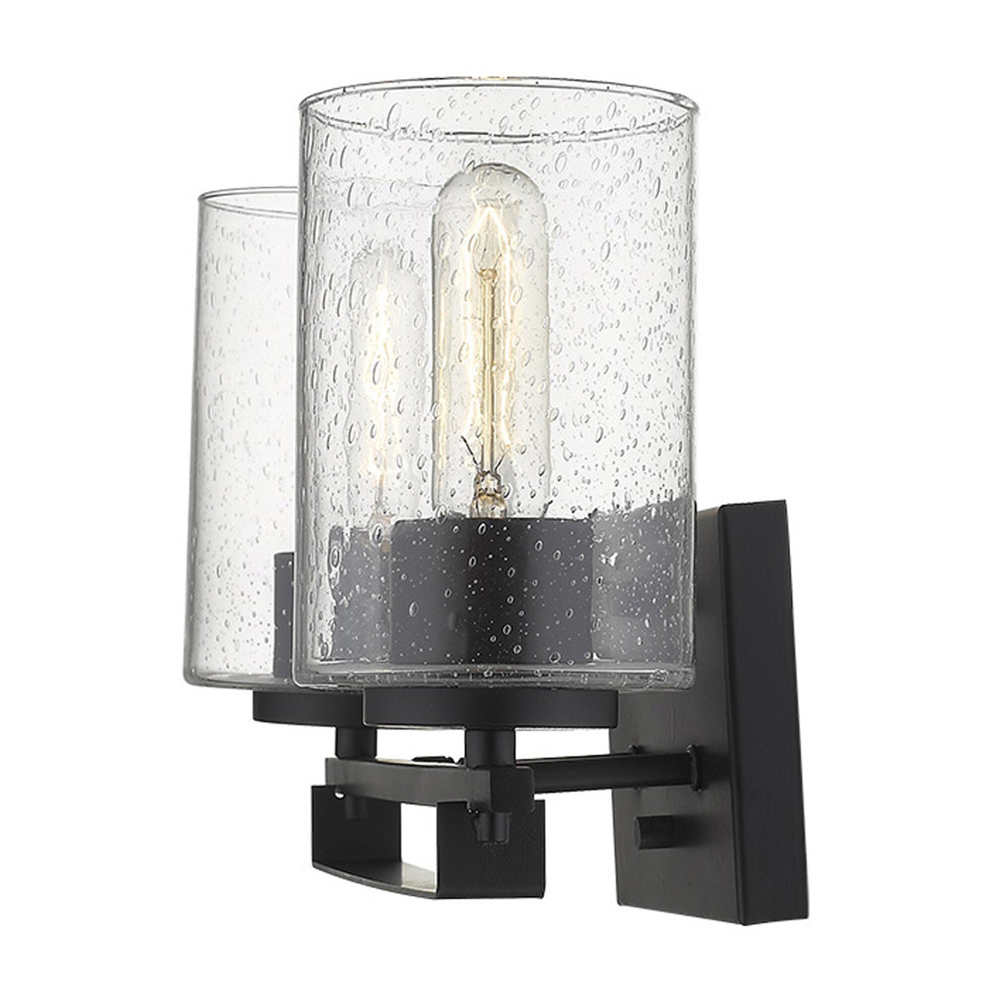 Shown in Matte Black finish and Clear glass and Clear, Seeded Cylindrical Glass s shade