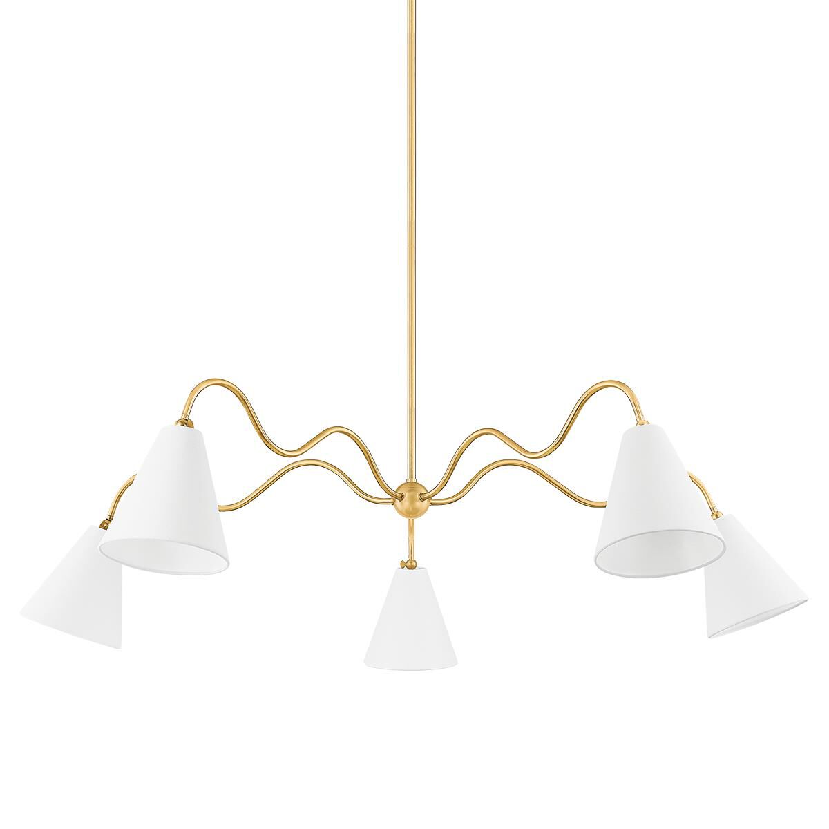 Shown in Aged Brass finish and White Linen shade