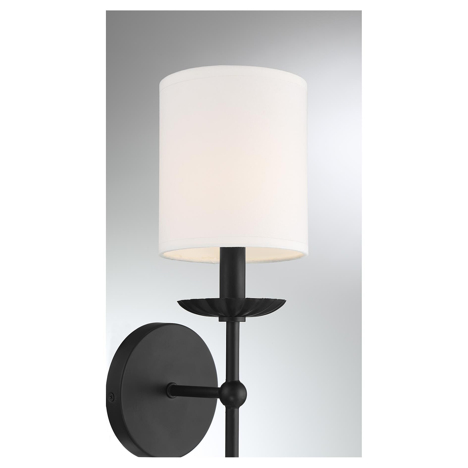Shown in Matte Black finish and White Linen Fabric shade