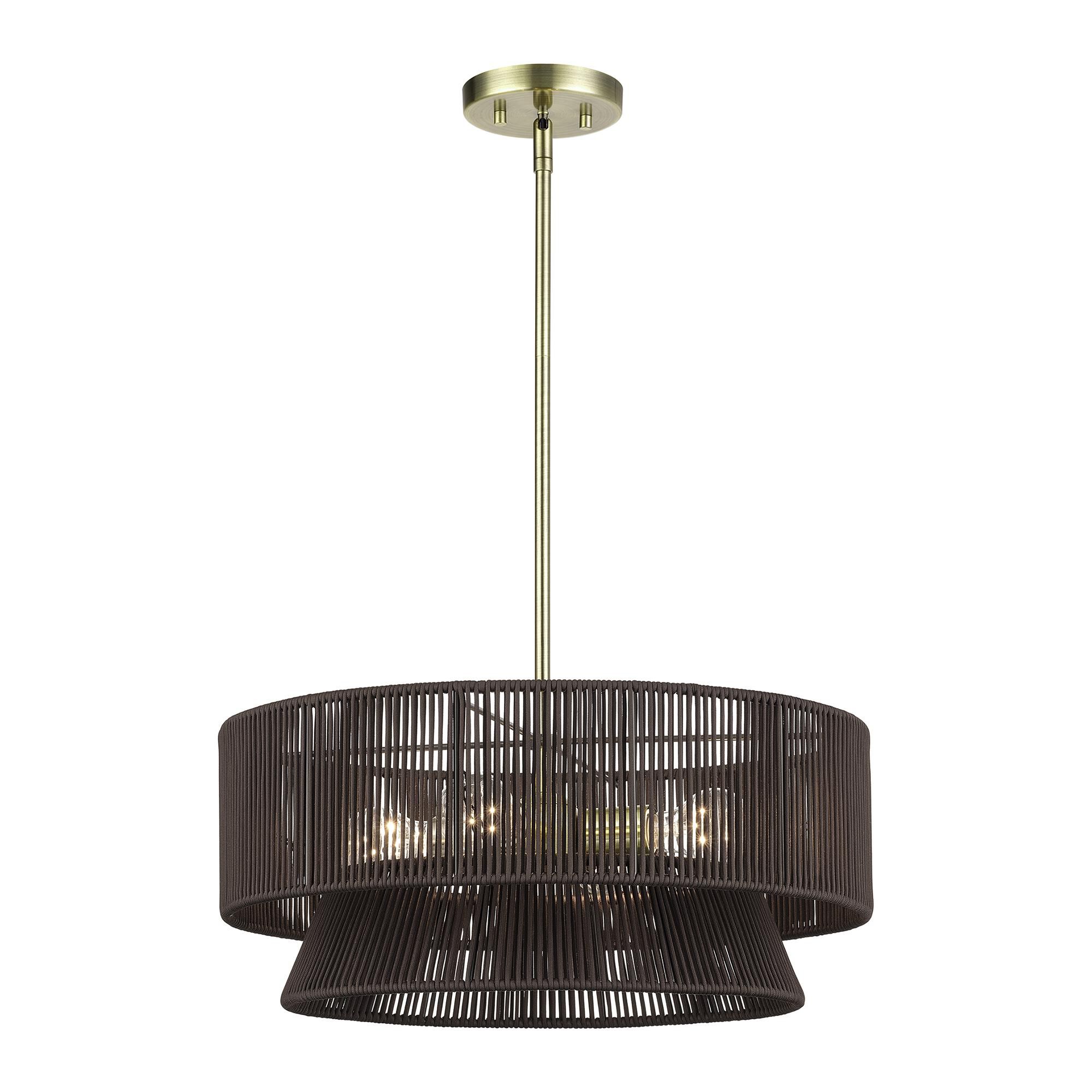 Shown in Antique Brass finish and Hand-Woven Dark Chocolate Color Polyester Rope shade