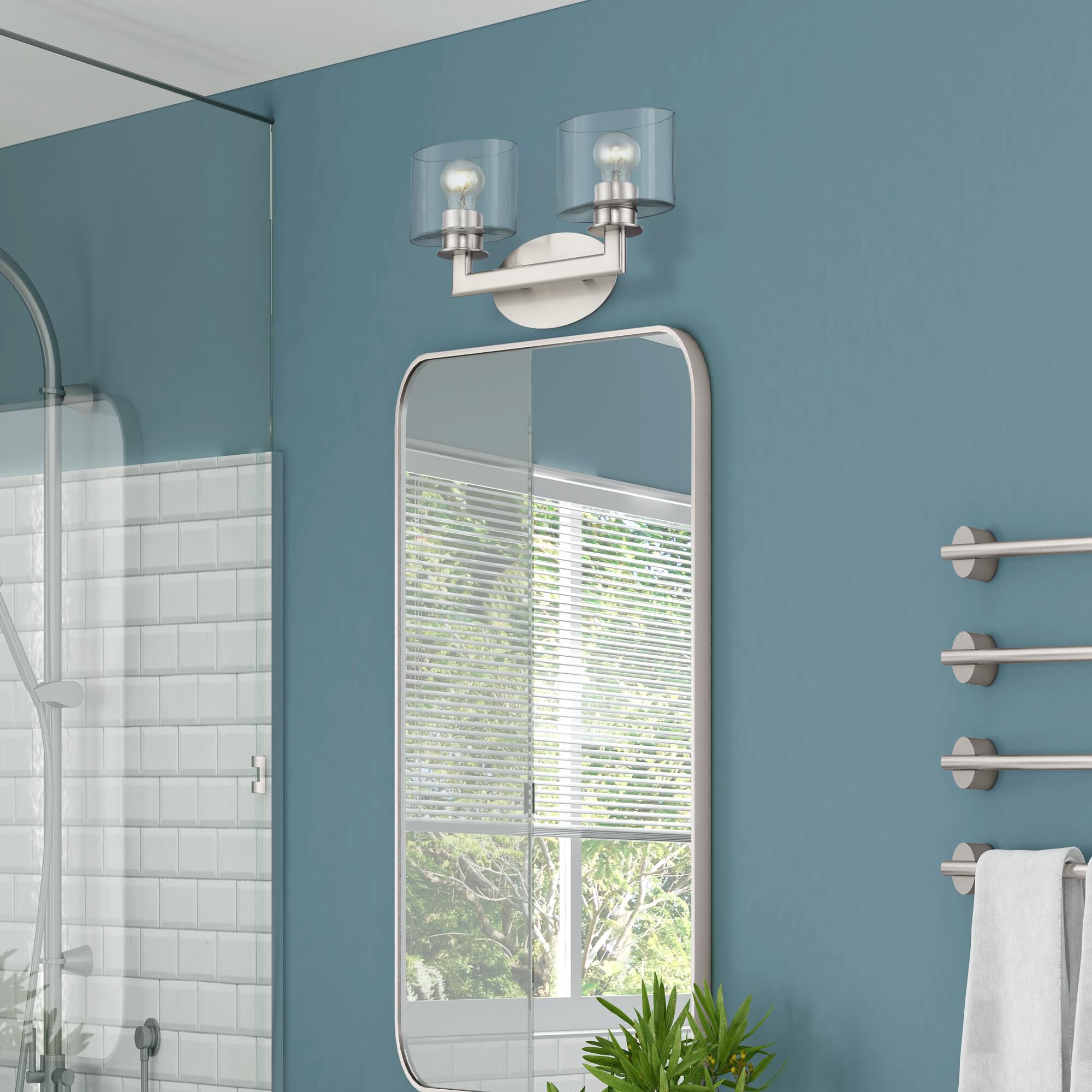 Shown in Brushed Nickel finish and Mouth Blown Clear glass