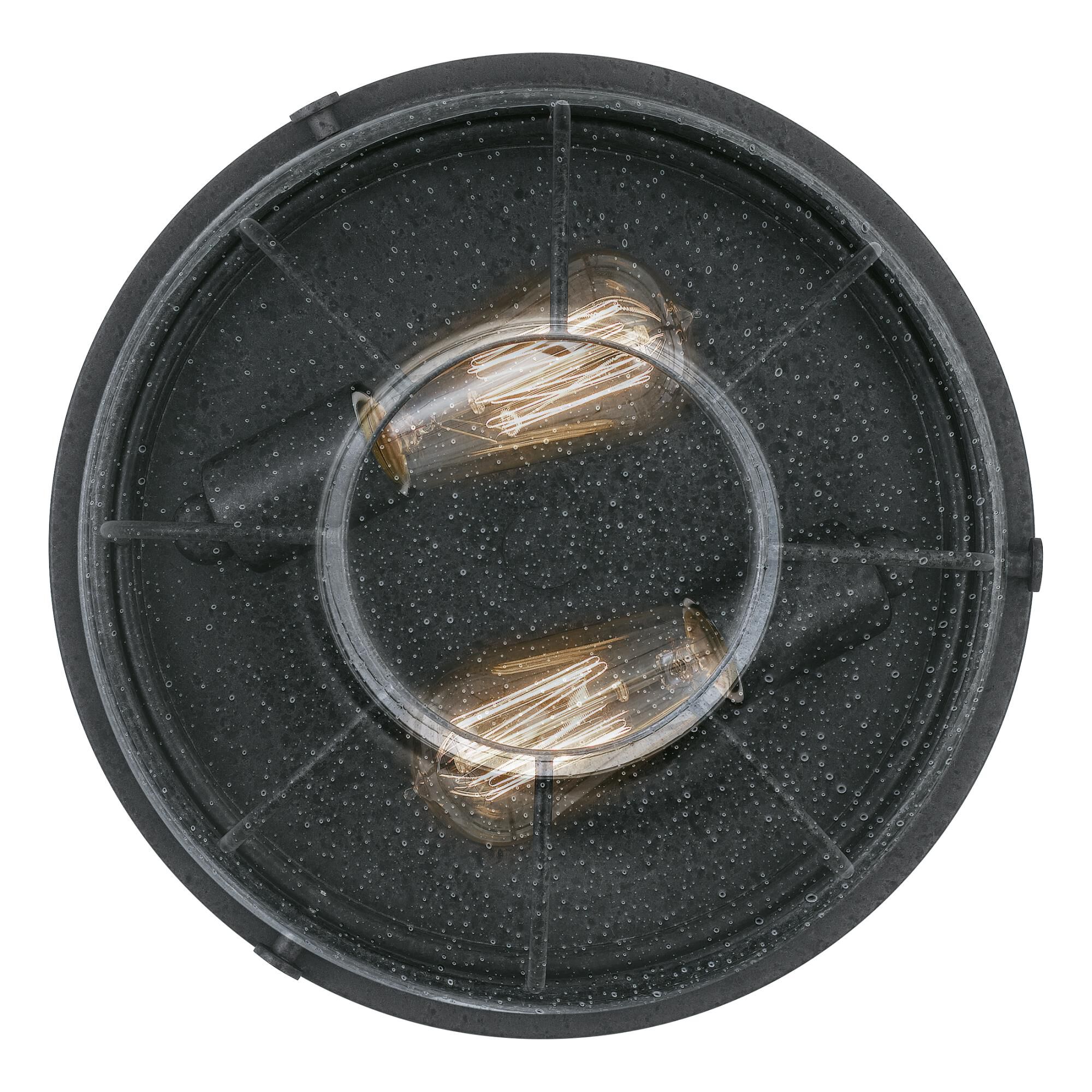 Shown in Distressed Iron finish and Clear Seedy glass