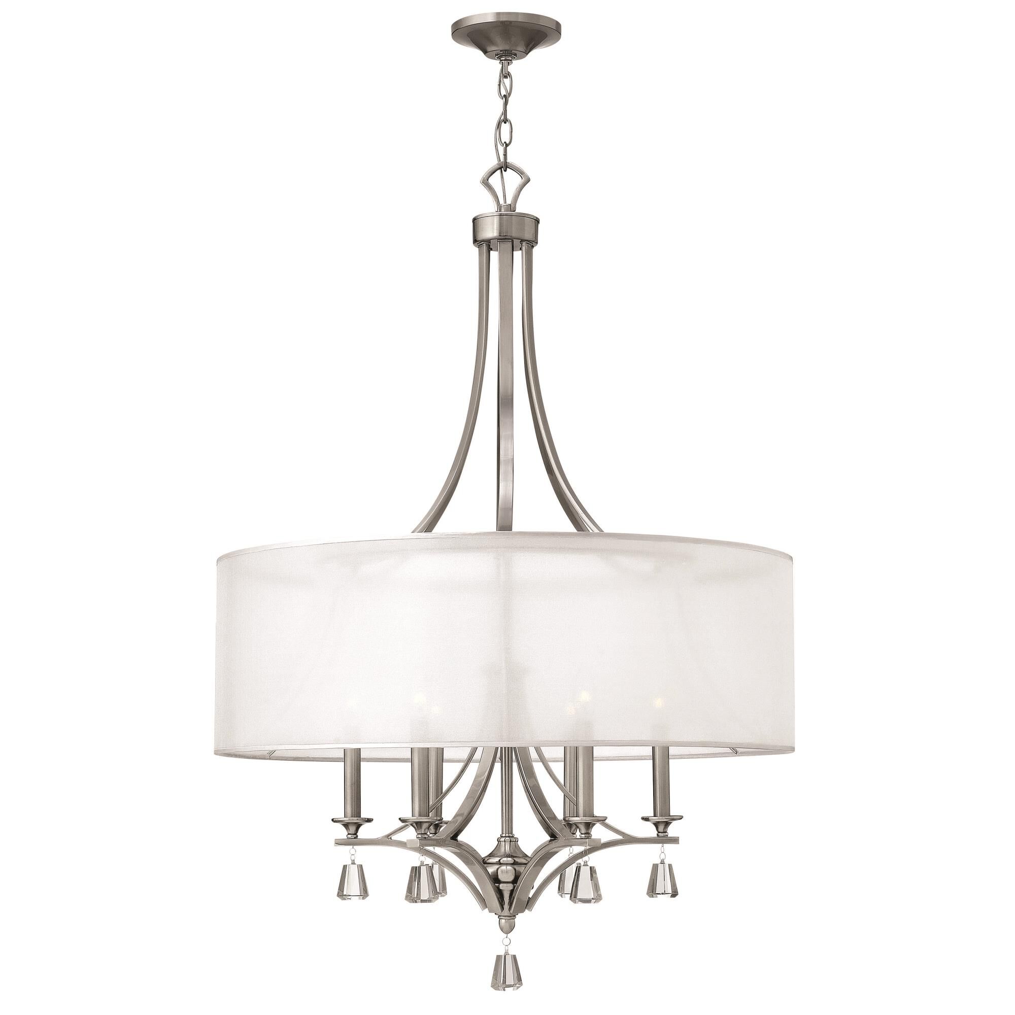 Shown in Brushed Nickel finish and Sheer Translucent Double Hardback shade