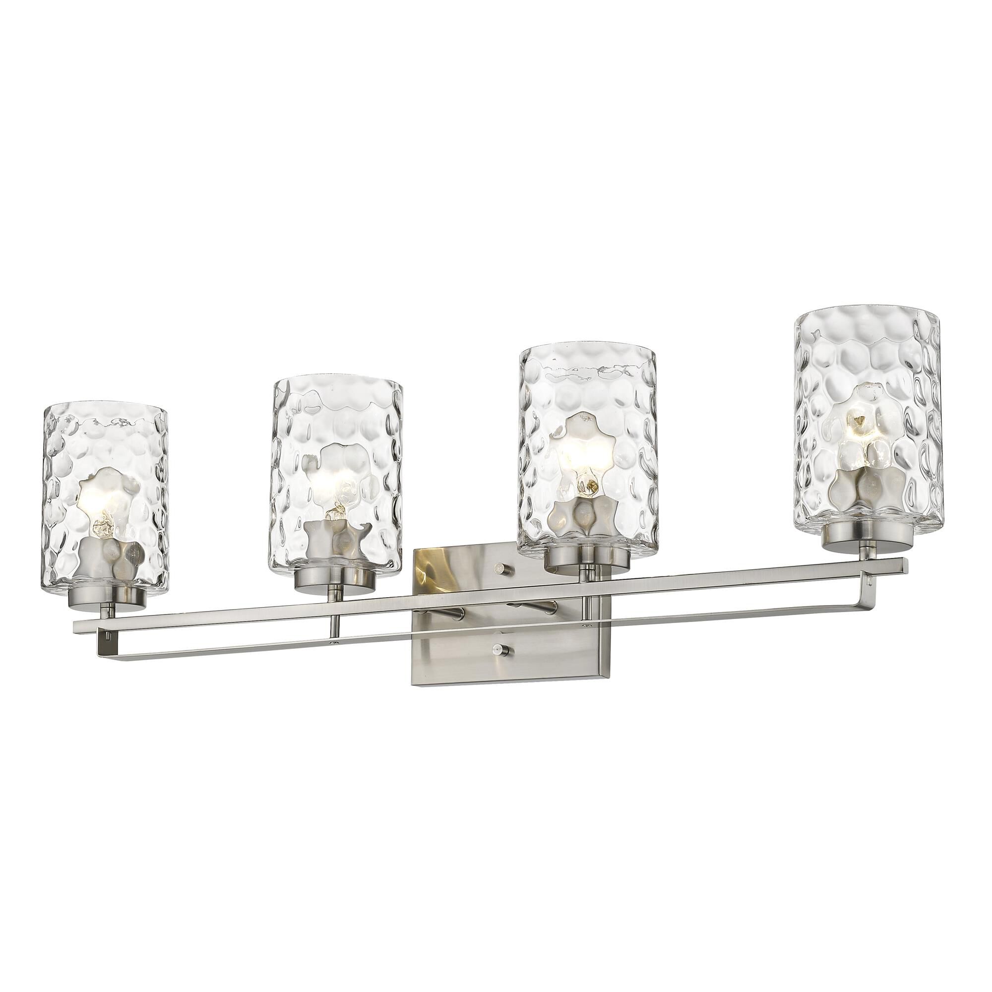 Shown in Satin Nickel finish and Clear glass and Clear, Optic Cylindrical Glass shade