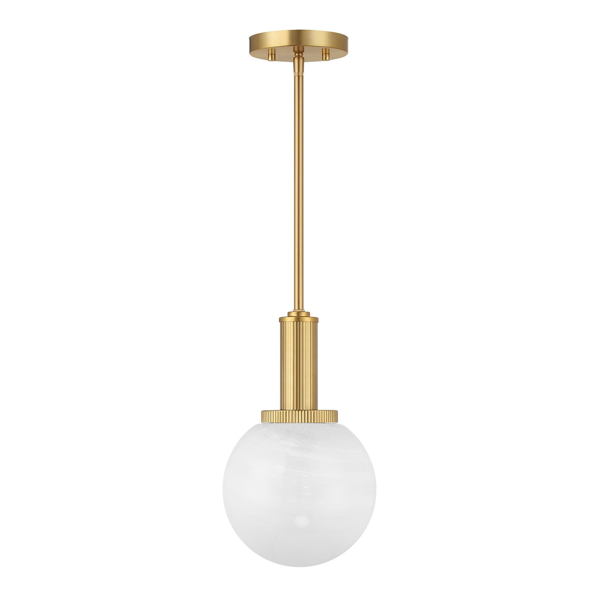 Shown in Natural Brass finish and White Strie glass