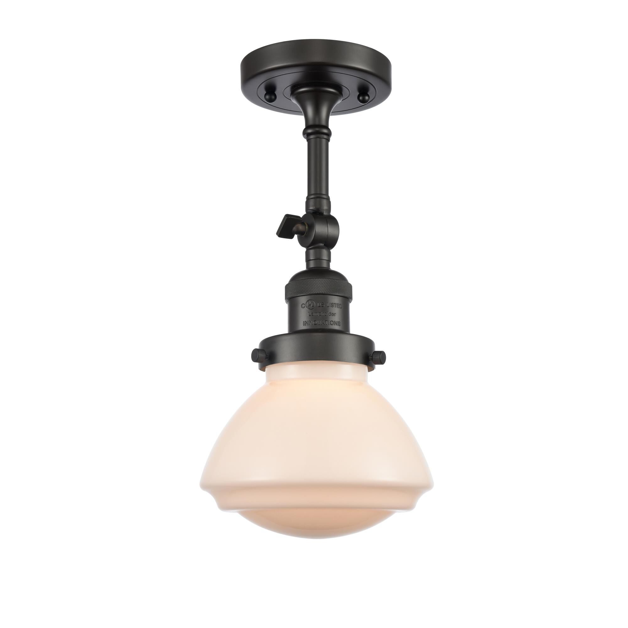 Shown in Oil Rubbed Bronze finish and Frosted Matte White Olean glass and Glass shade and Bulb Tint - Amber accent