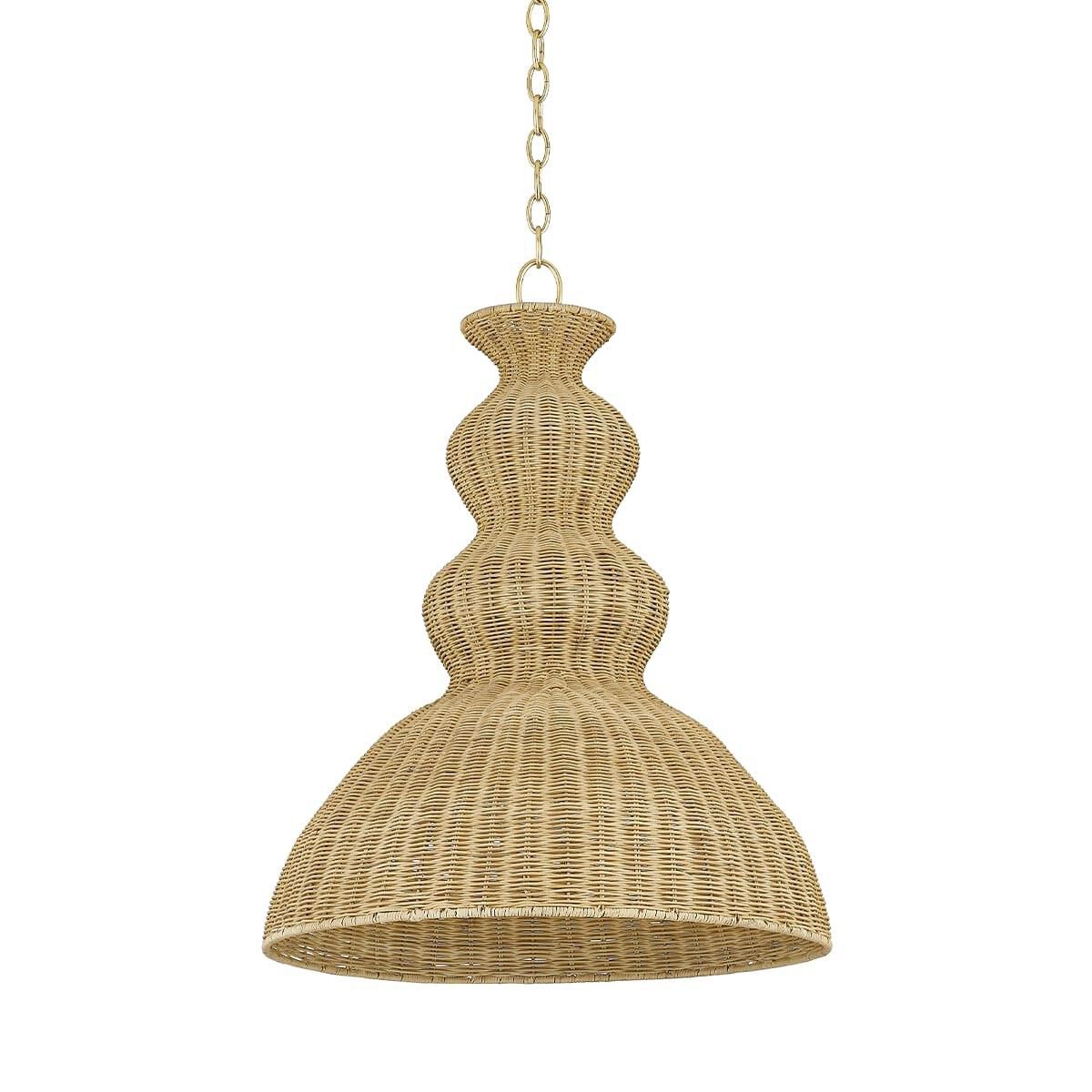 Shown in Aged Brass finish and Light Natural Wicker shade