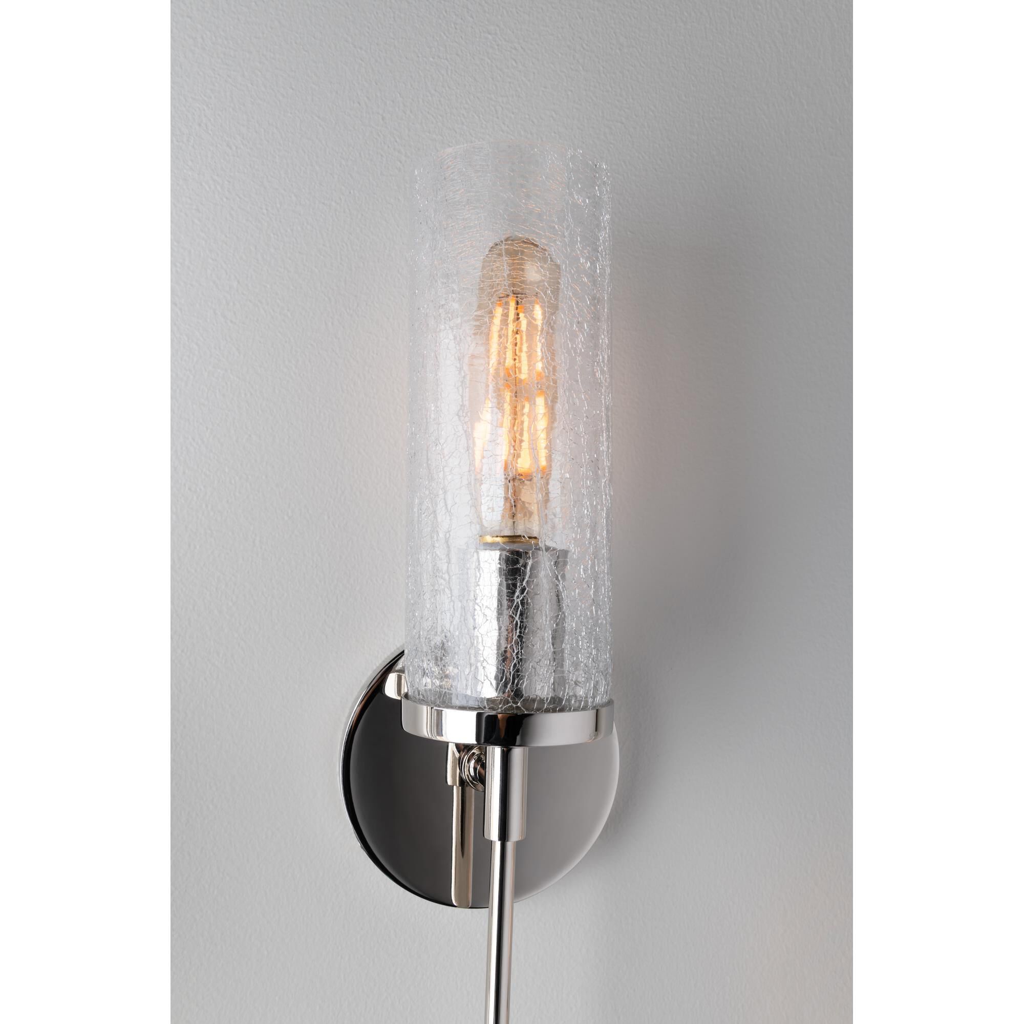 Shown in Polished Nickel finish and Clear Crackle glass