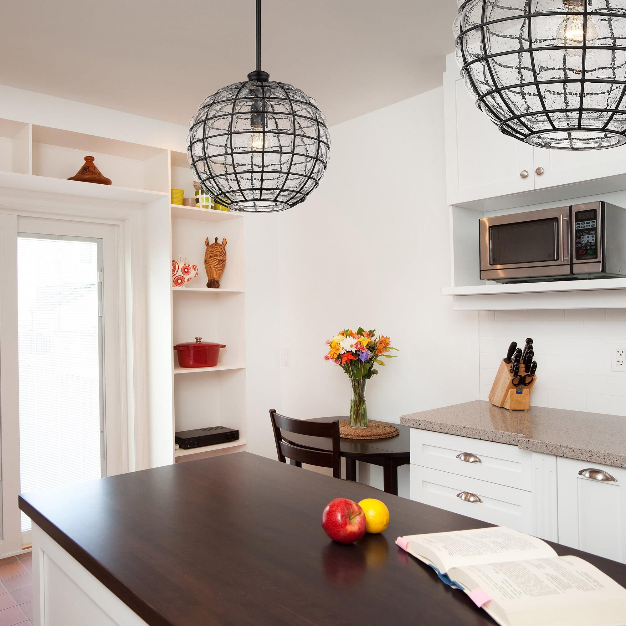 Shown in Matte Black finish and Seeded Glass shade