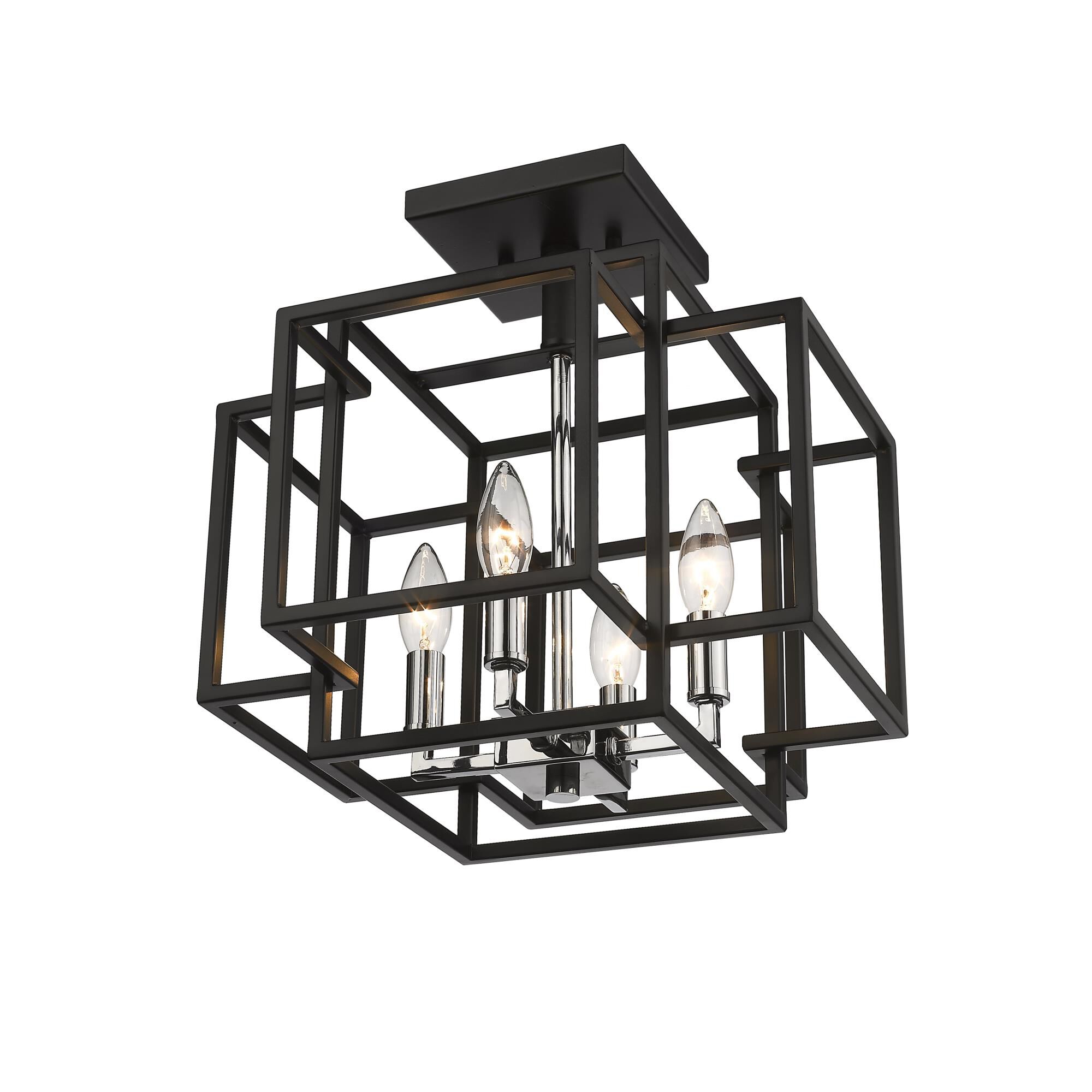 Shown in Black + Chrome finish and --- glass and --- shade