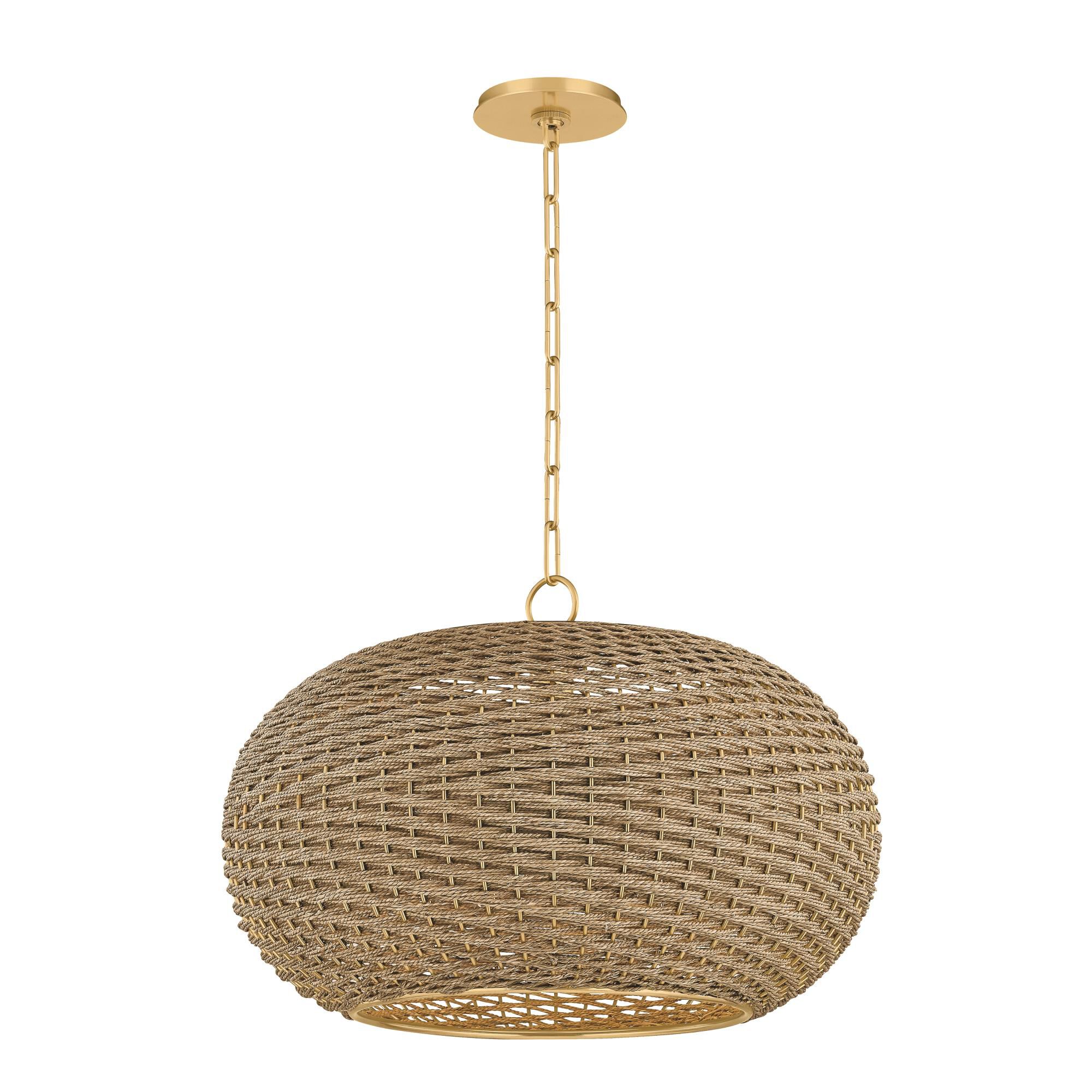 Shown in Aged Brass finish and Woven shade