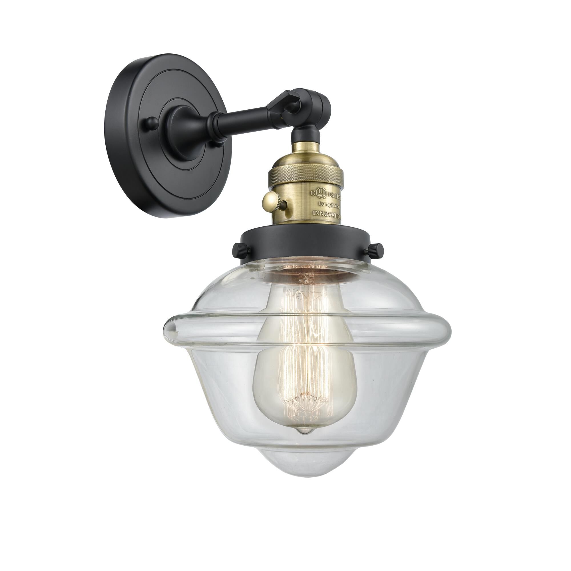 Shown in Black Antique Brass finish and Clear glass and Switch on Socket accent