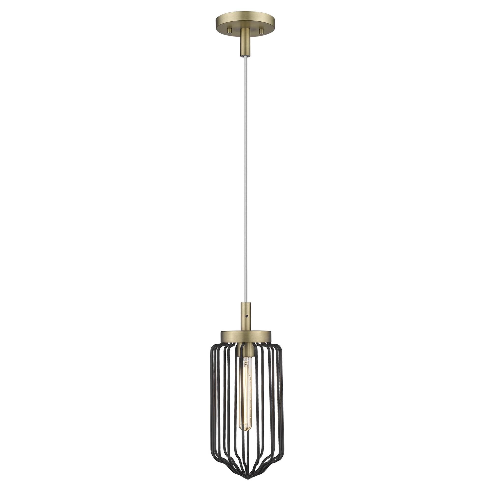 Shown in Aged Brass finish and Black glass and Black, Cylindrical Metal Cage shade