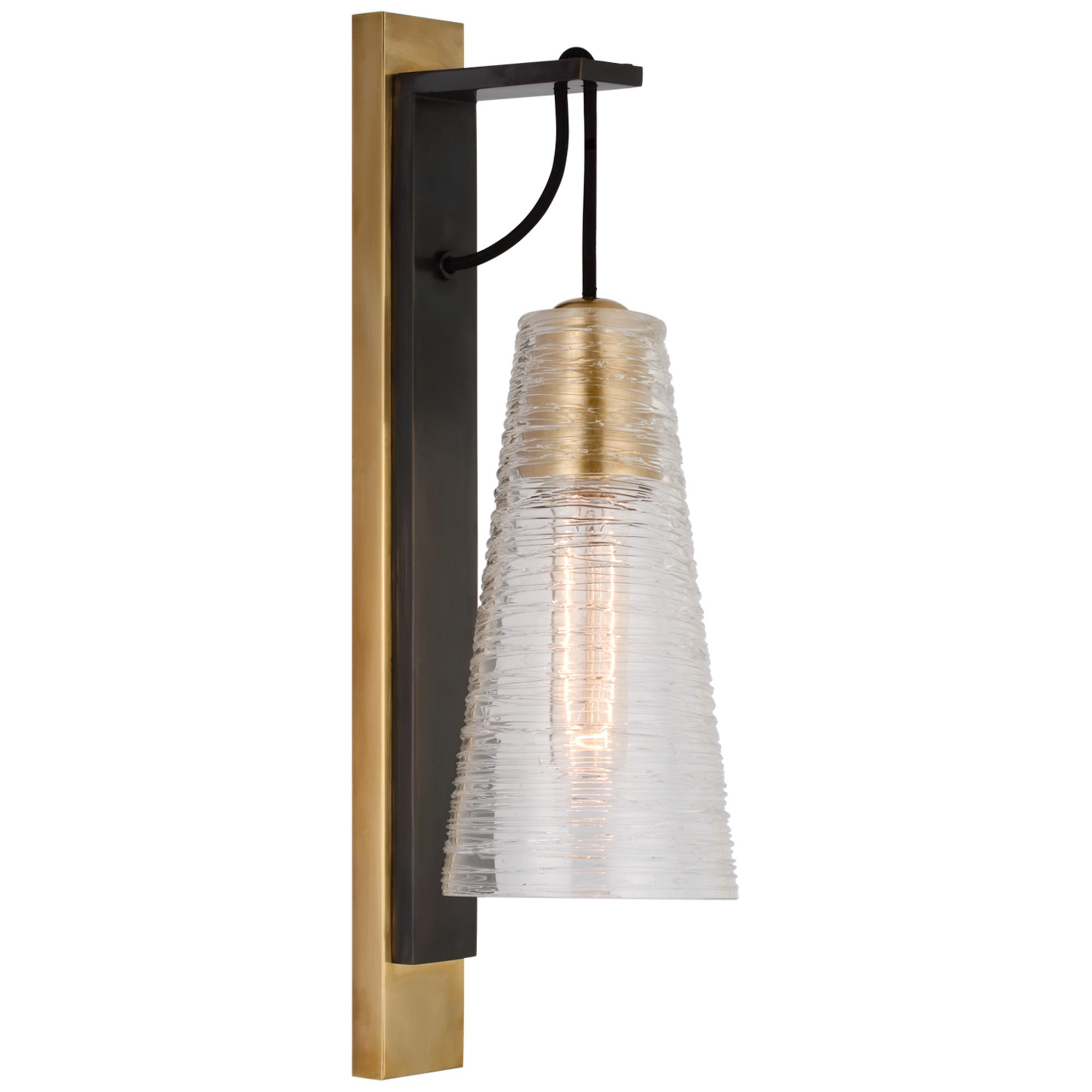 Shown in Bronze And Soft Brass finish and Clear Ribbon Glass shade