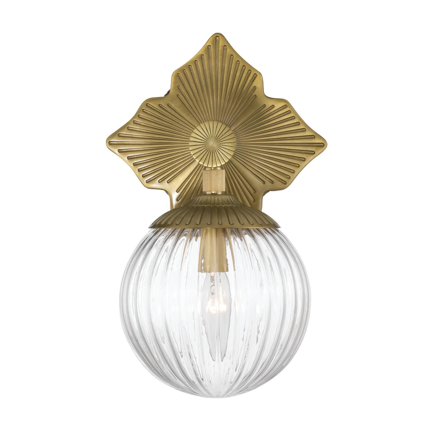 Shown in Aged Brass finish and Ribbed glass and Ribbed Glass shade