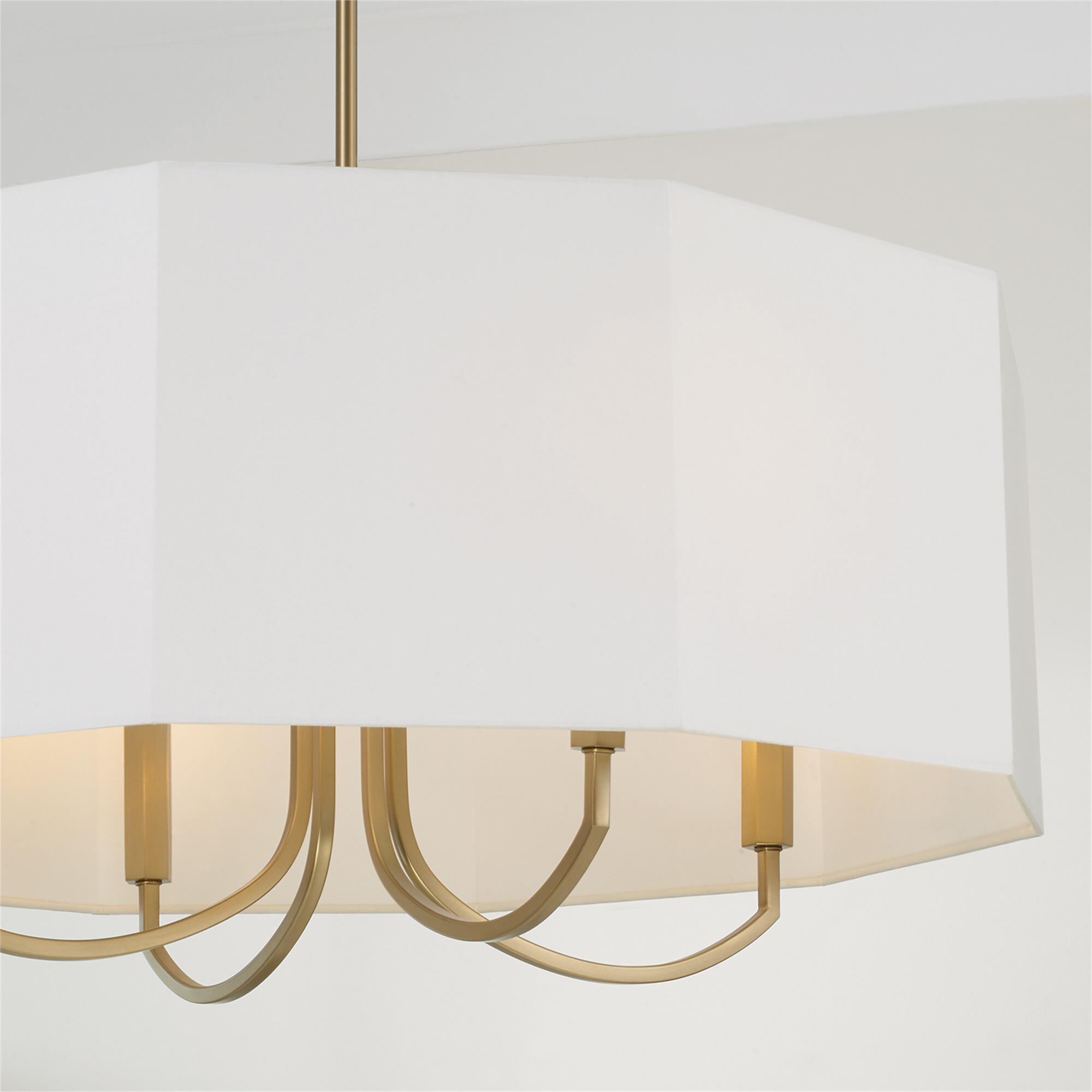 Shown in Aged Brass finish and White Fabric Octagonal shade