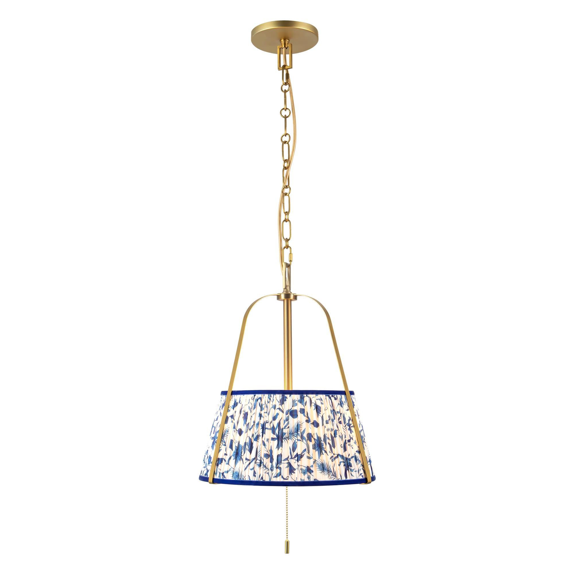 Shown in Brushed Gold finish and Blue Linen shade