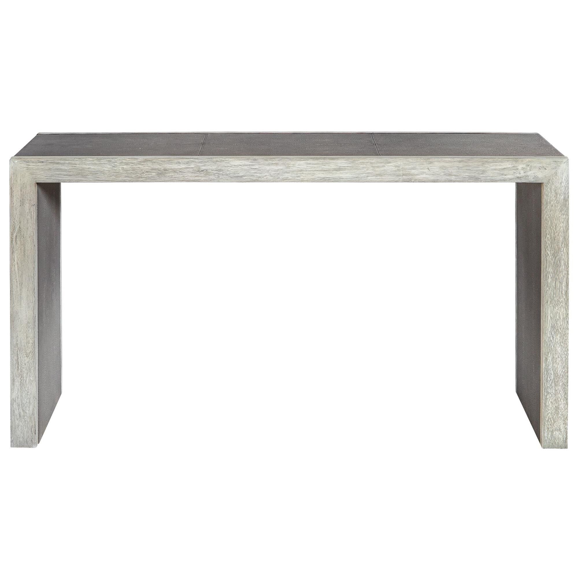 Shown in With Modern Elements, This Transitional Console Features Stitched Panels Of Light Gray Faux Shagreen finish