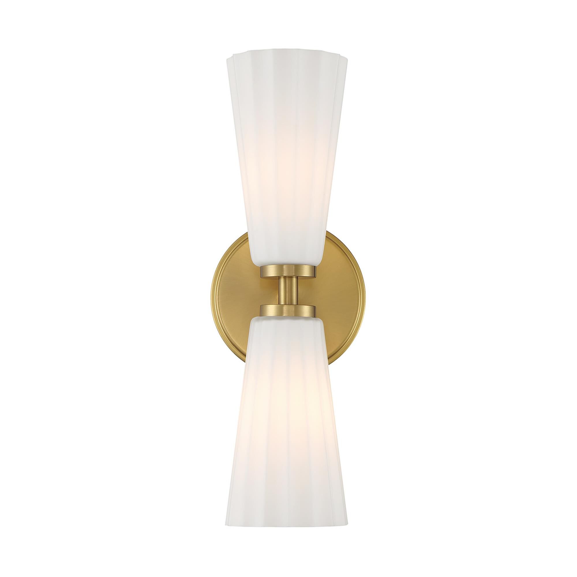 Shown in Natural Brass finish and White Fluted glass