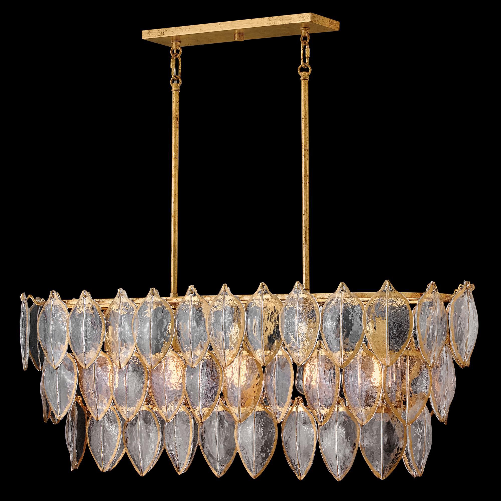 Shown in Distressed Brass finish and Clear Pressed glass