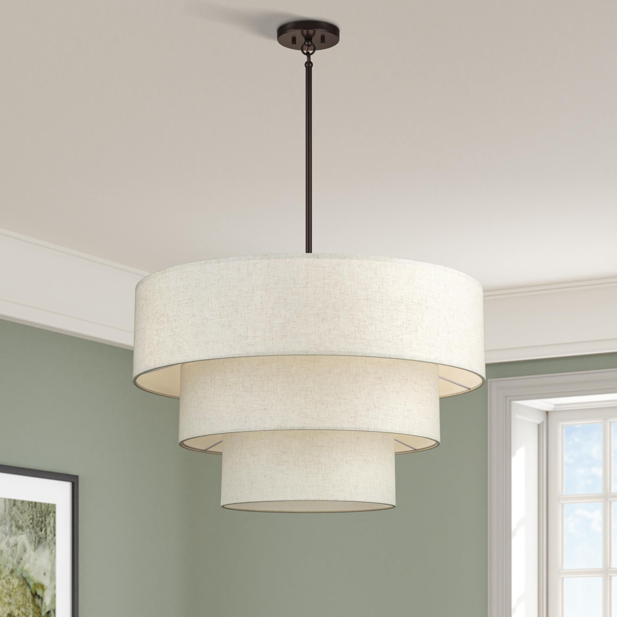 Shown in English Bronze finish and Hand Crafted Oatmeal Color Fabric with White Color Inside shade