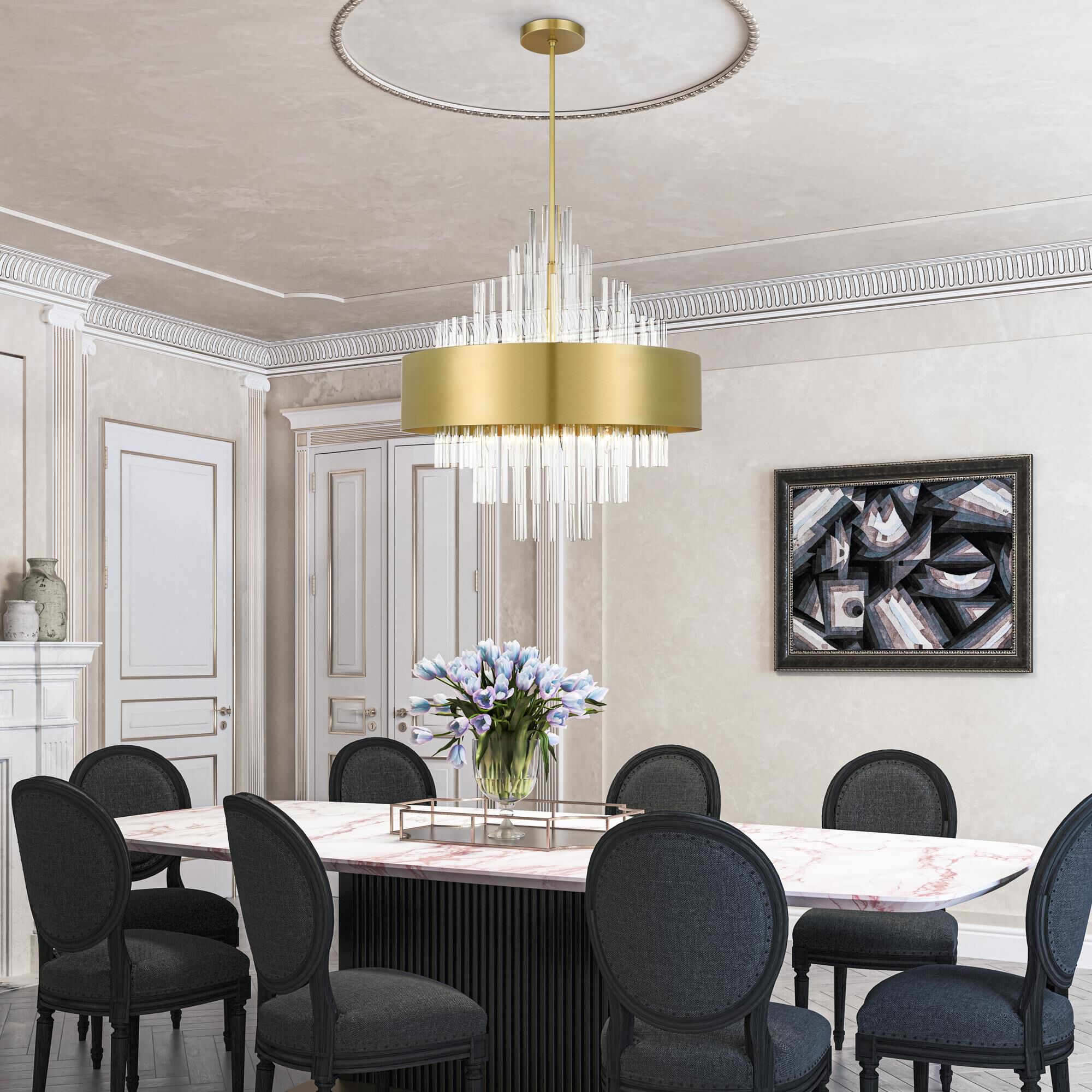 Shown in Natural Brass finish and Clear Crystal Rods glass